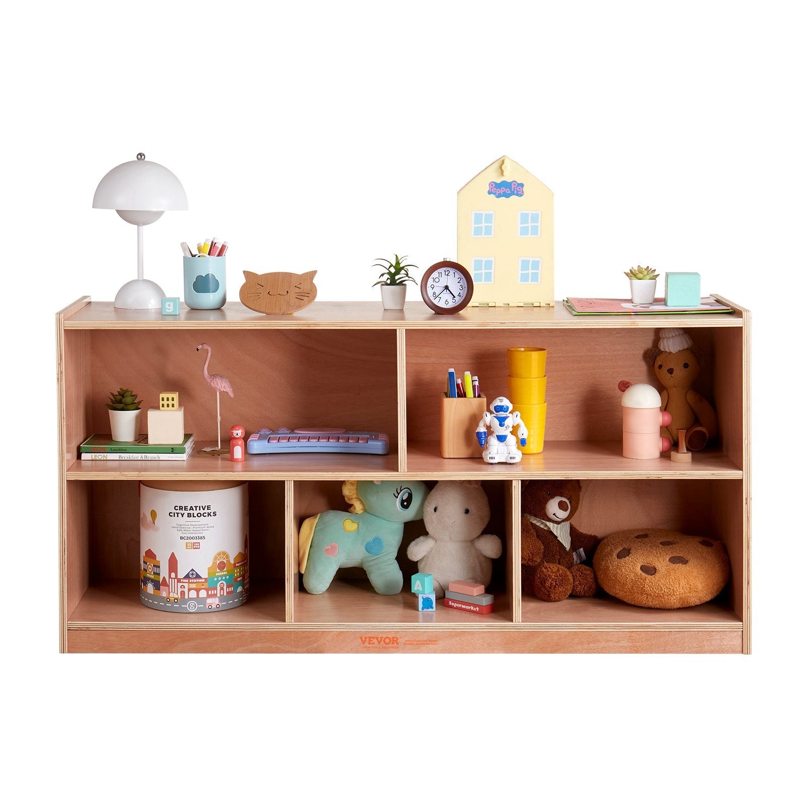 VEVOR 4-Tier Kids Wooden Bookshelf, Six-Layer Sling Bookcase, Baby Storage Book Rack, Book Toy Organizer Cabinet, for Kids Room, Playroom, Kindergarten, Nursery