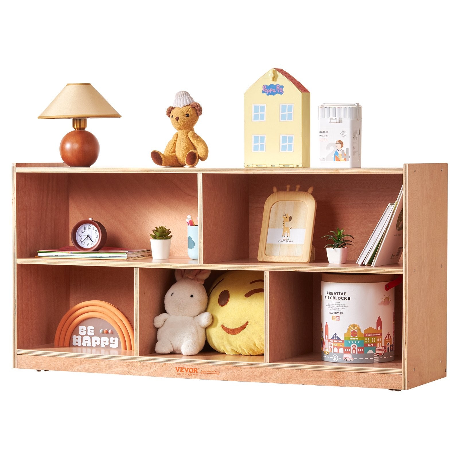 VEVOR 4-Tier Kids Wooden Bookshelf, Six-Layer Sling Bookcase, Baby Storage Book Rack, Book Toy Organizer Cabinet, for Kids Room, Playroom, Kindergarten, Nursery
