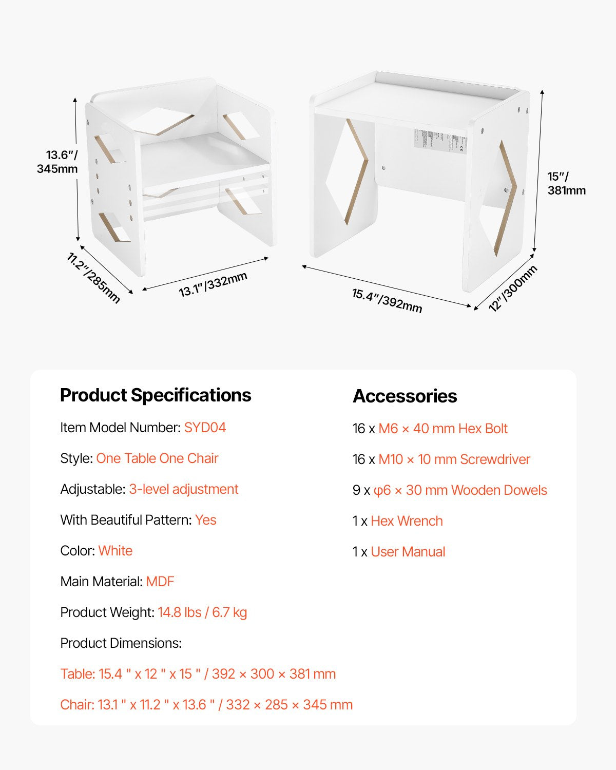 VEVOR Weaning Table and Chair Set Montessori Kids Activity Table and Chair White