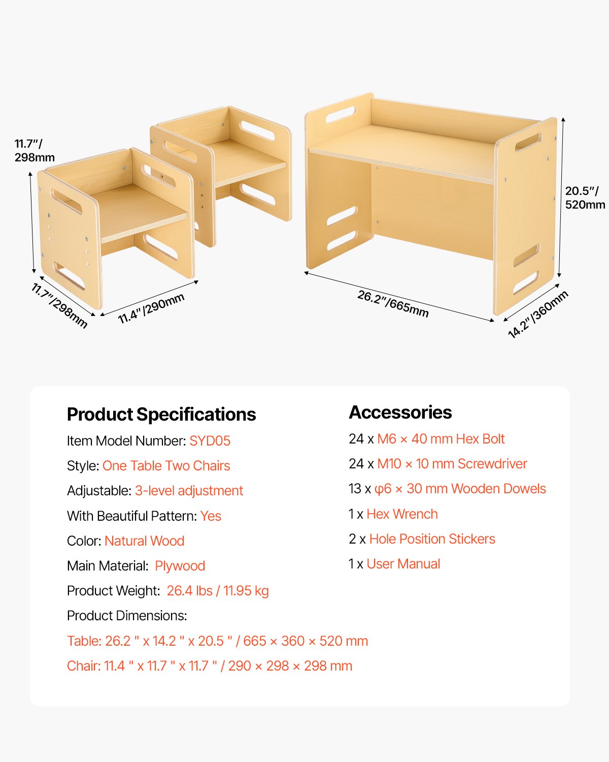 VEVOR Weaning Table and Chair Set Montessori Toddler Desk with 2 Chairs Wood