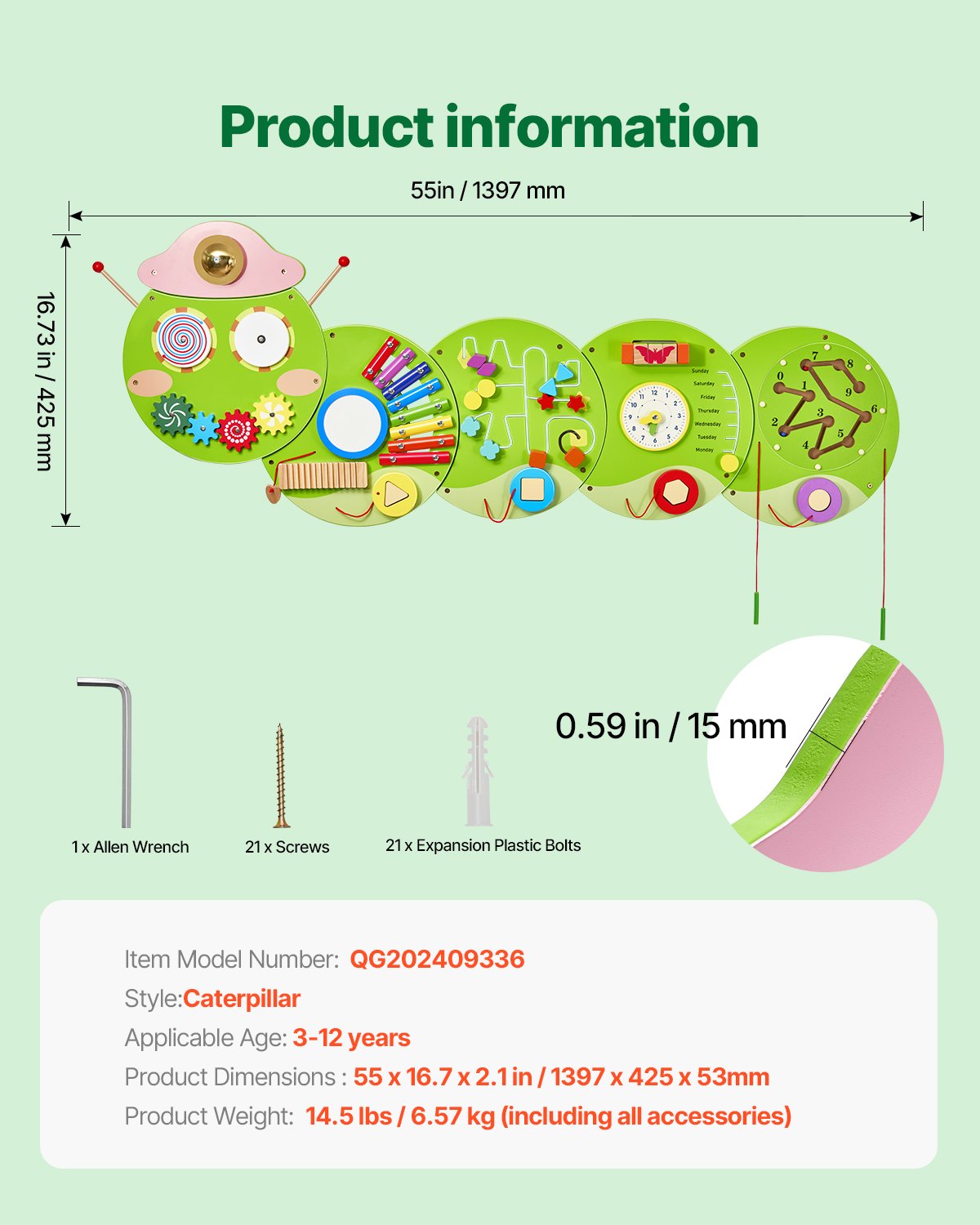 VEVOR Caterpillar Activity Wall Busy Board Panels 12 Activities Sensory Wall Toy
