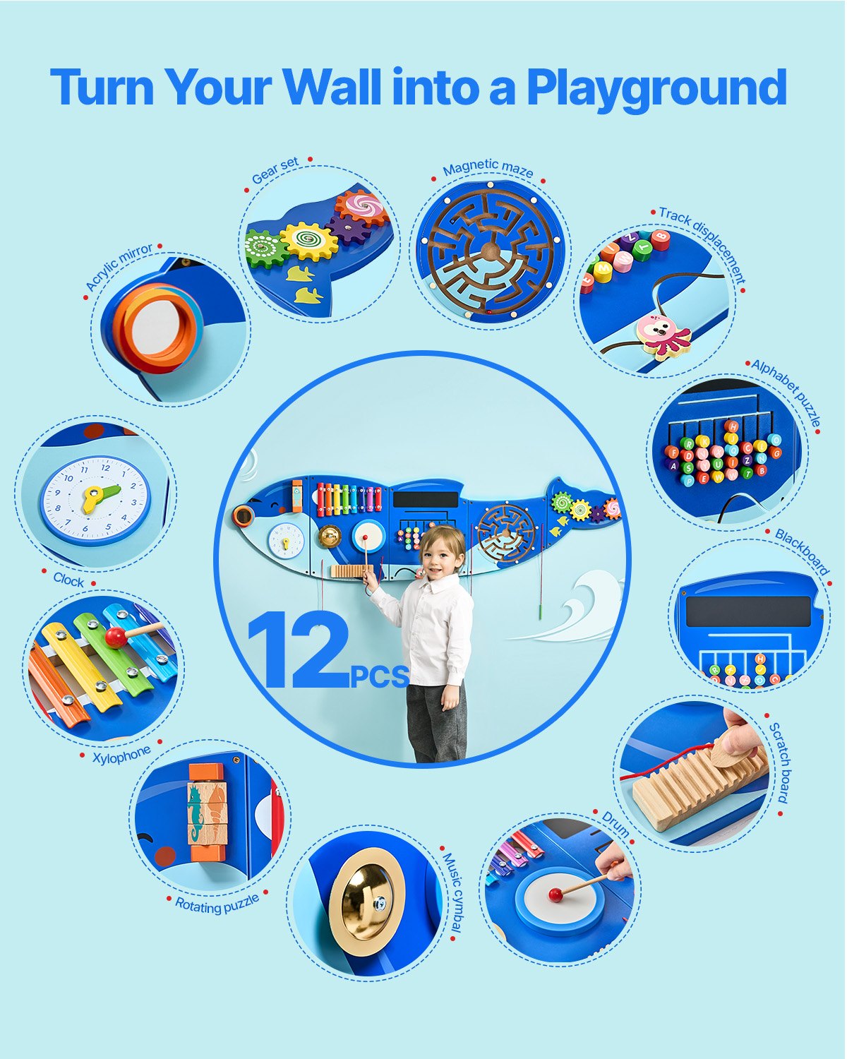 VEVOR Orca Activity Wall Busy Board Panels 12 Activities Sensory Wall Panel