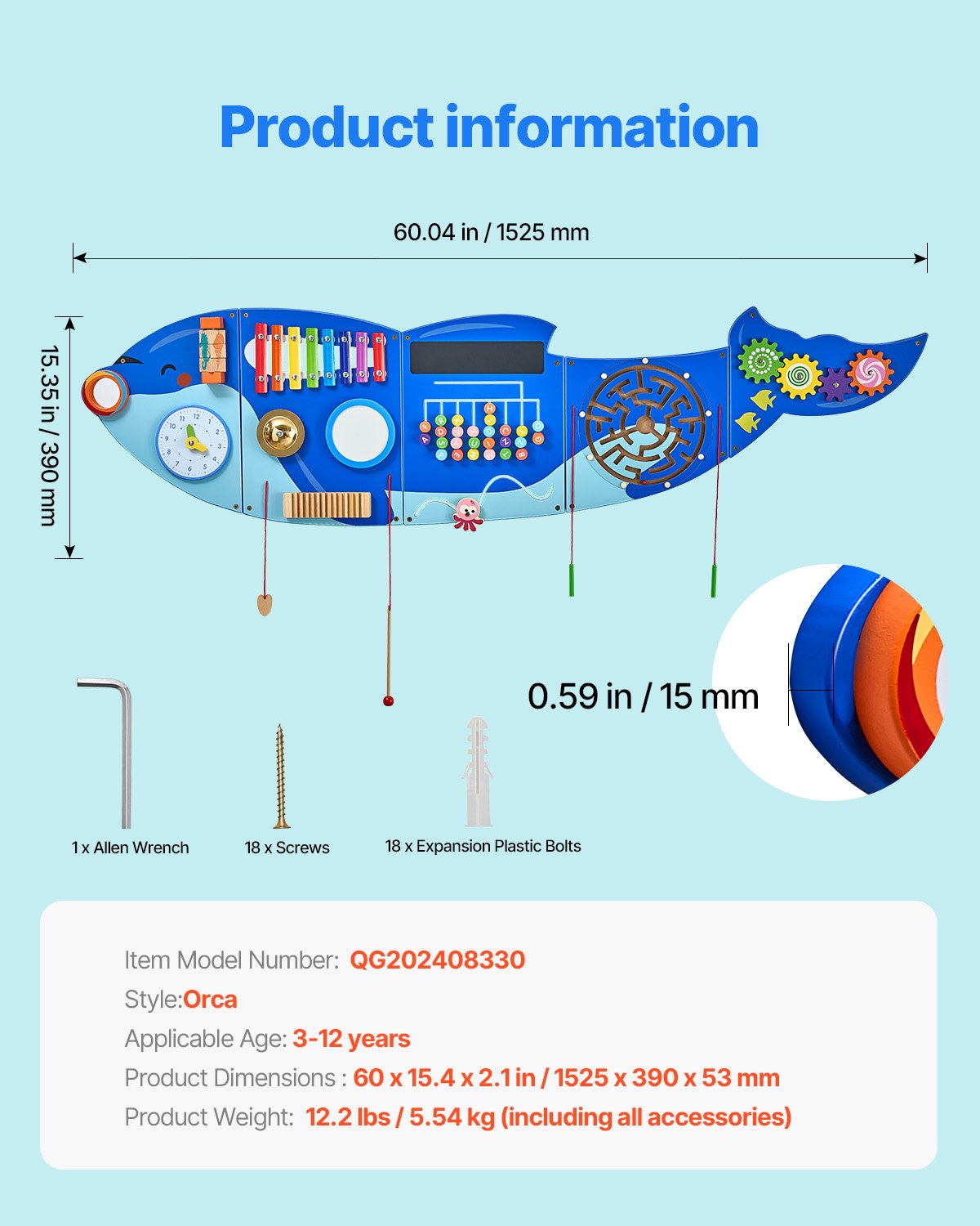 VEVOR Orca Activity Wall Busy Board Panels 12 Activities Sensory Wall Panel