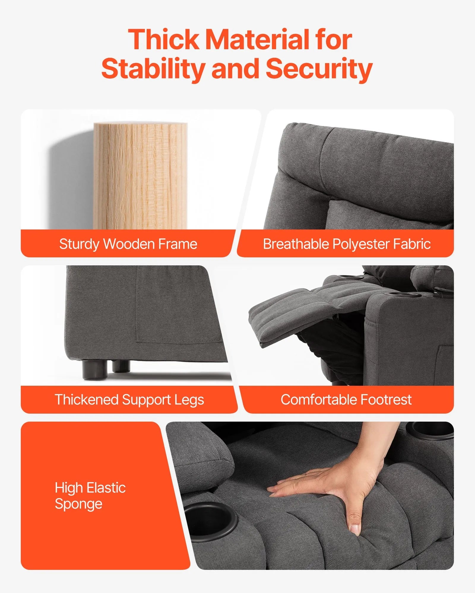 VEVOR Kids Reclining Chair Toddler Recliner with Cup Holders and Pockets (Grey)