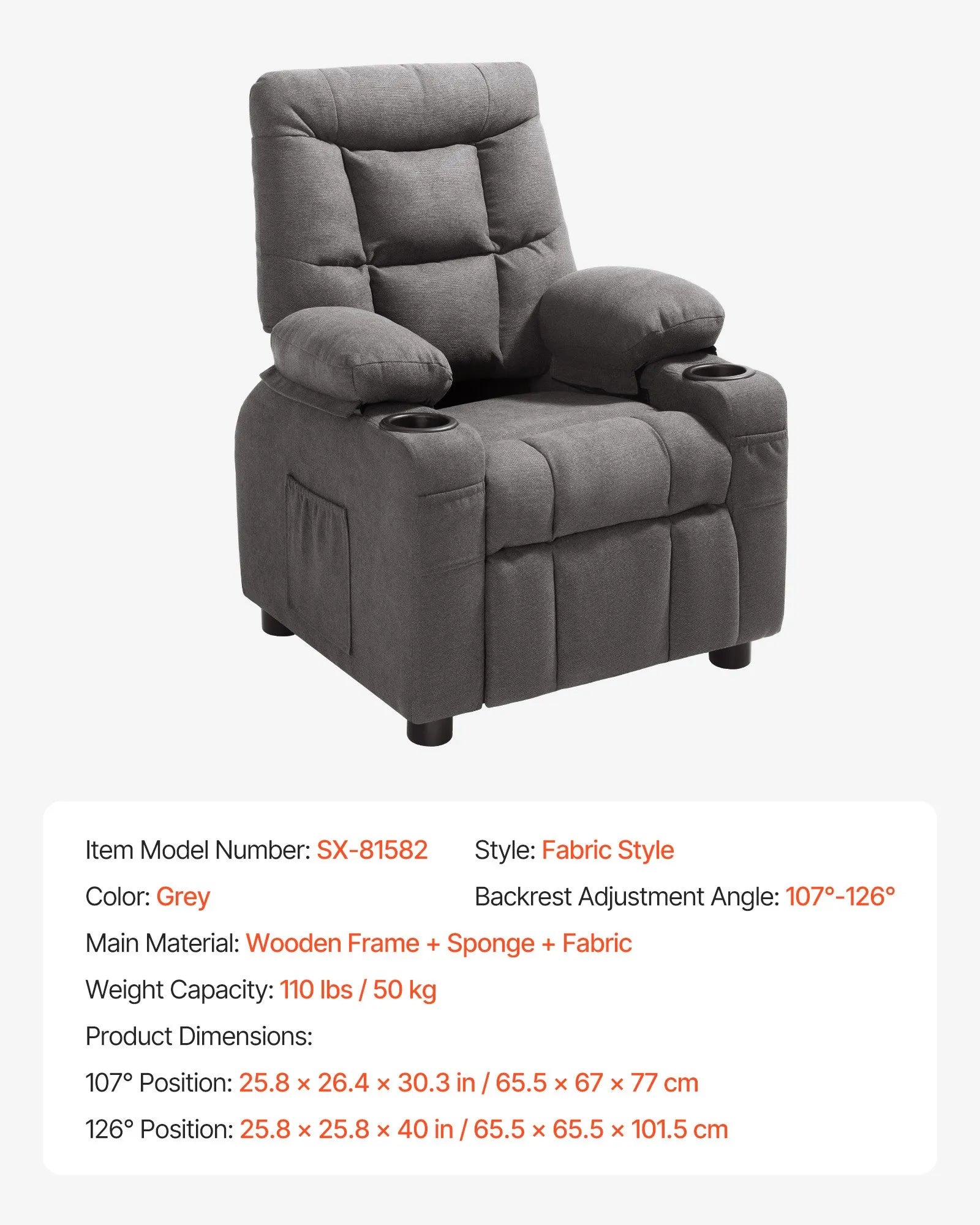 VEVOR Kids Reclining Chair Toddler Recliner with Cup Holders and Pockets (Grey)