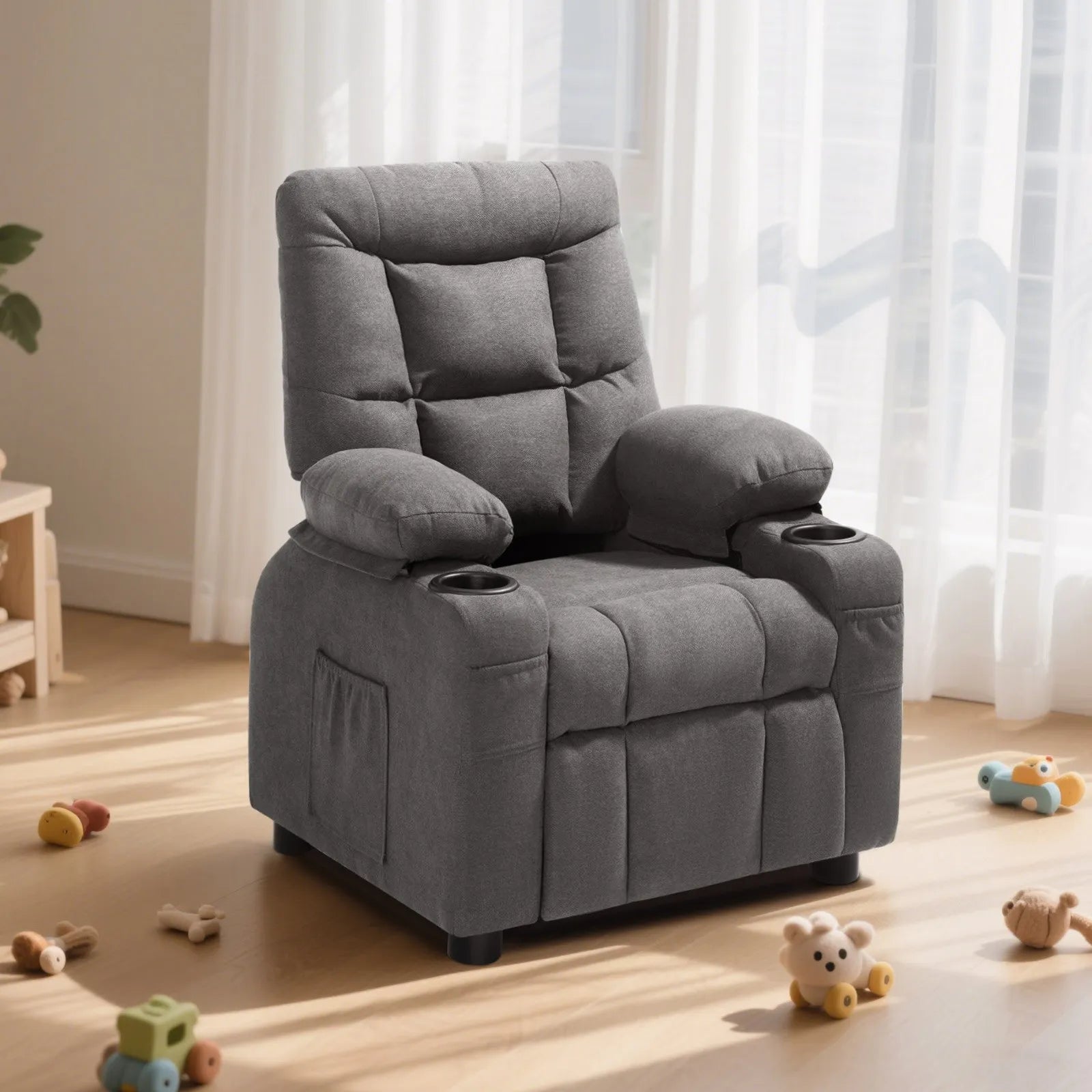VEVOR Kids Reclining Chair Toddler Recliner with Cup Holders and Pockets (Grey)