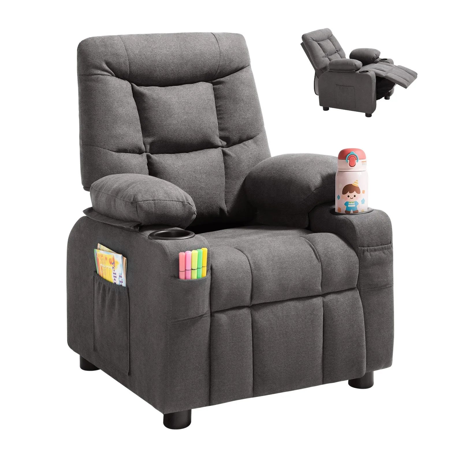 VEVOR Kids Reclining Chair Toddler Recliner with Cup Holders and Pockets (Grey)