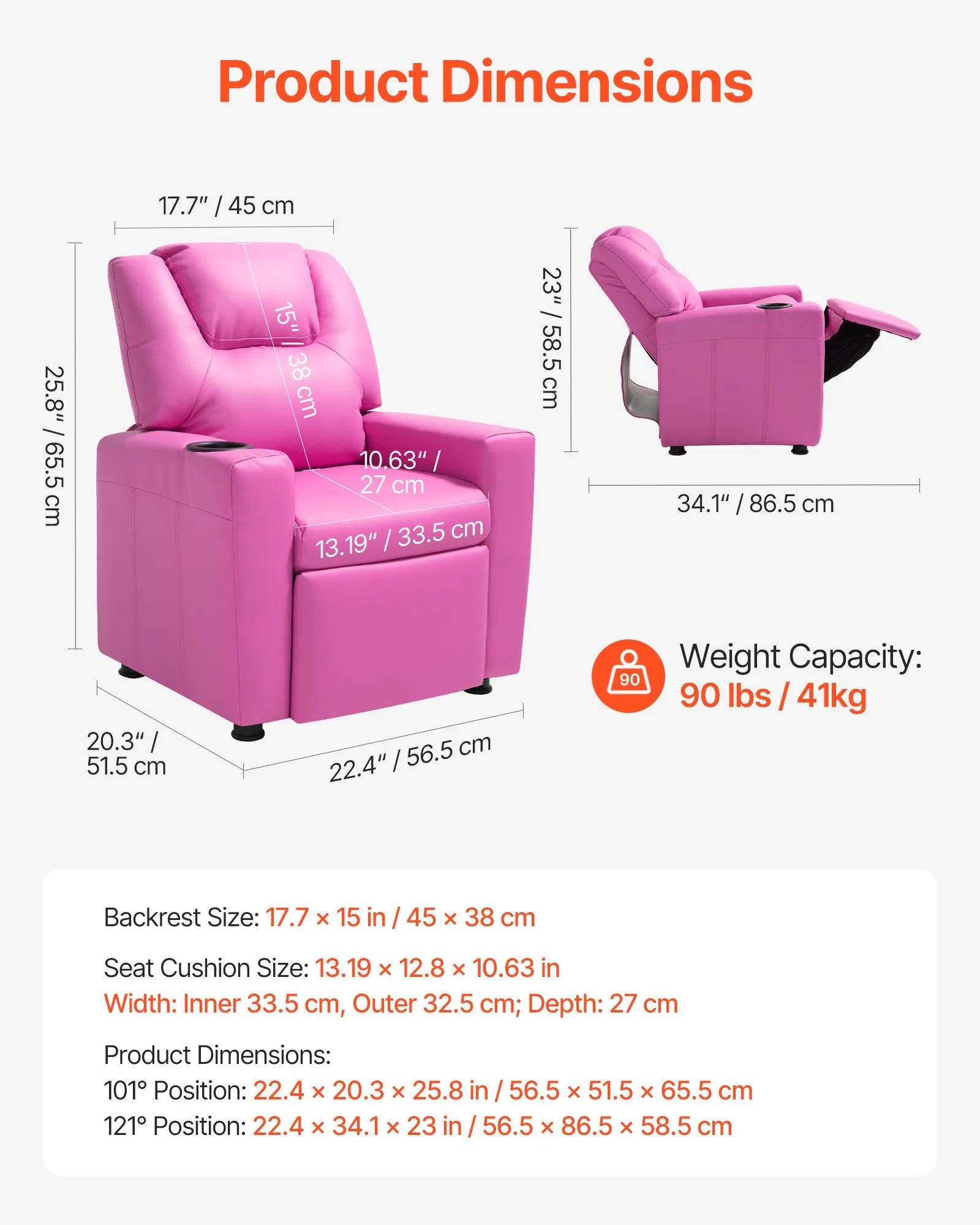 VEVOR Kids Reclining Chair PU Leather Toddler Recliner with Cup Holder (Pink)