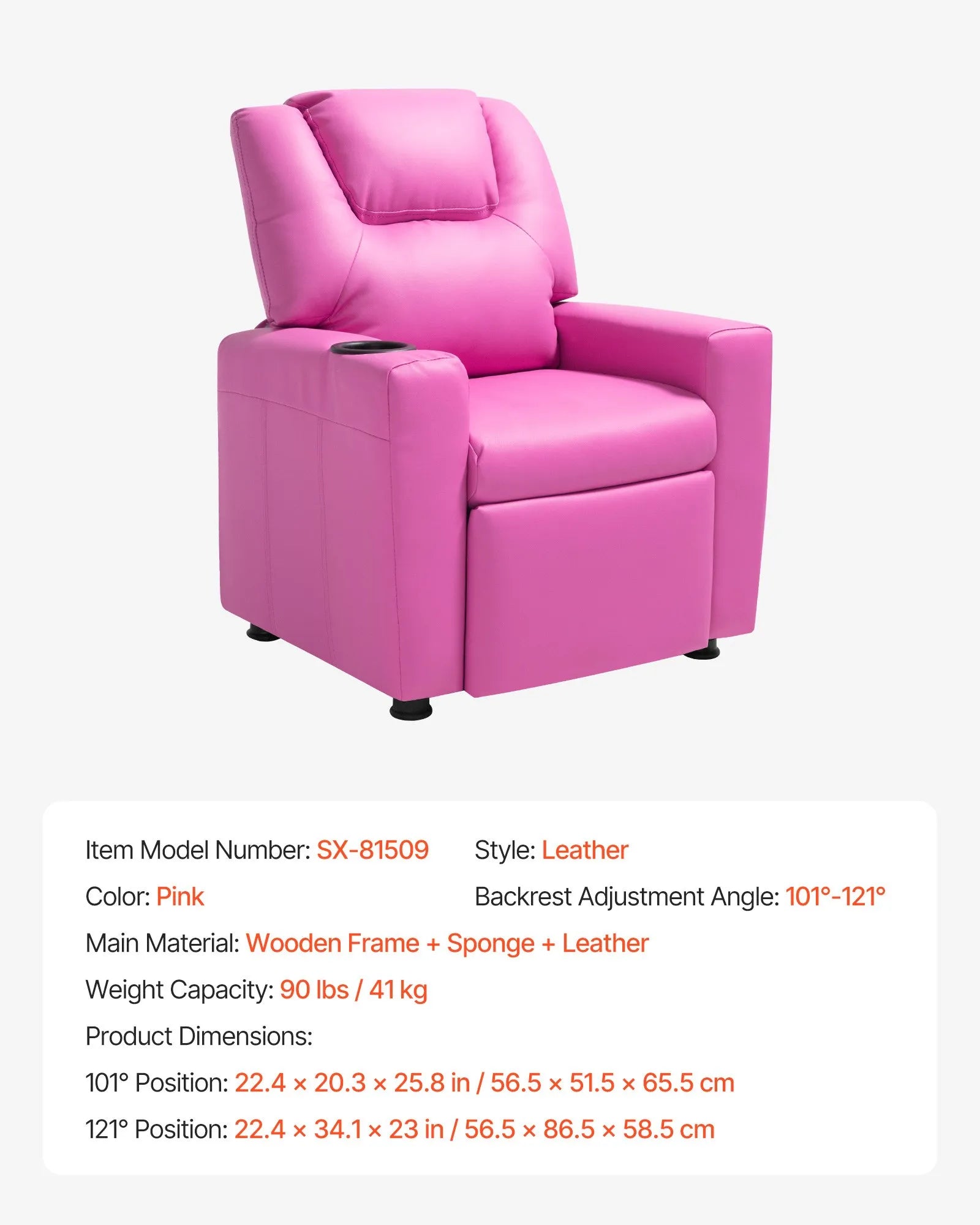 VEVOR Kids Reclining Chair PU Leather Toddler Recliner with Cup Holder (Pink)