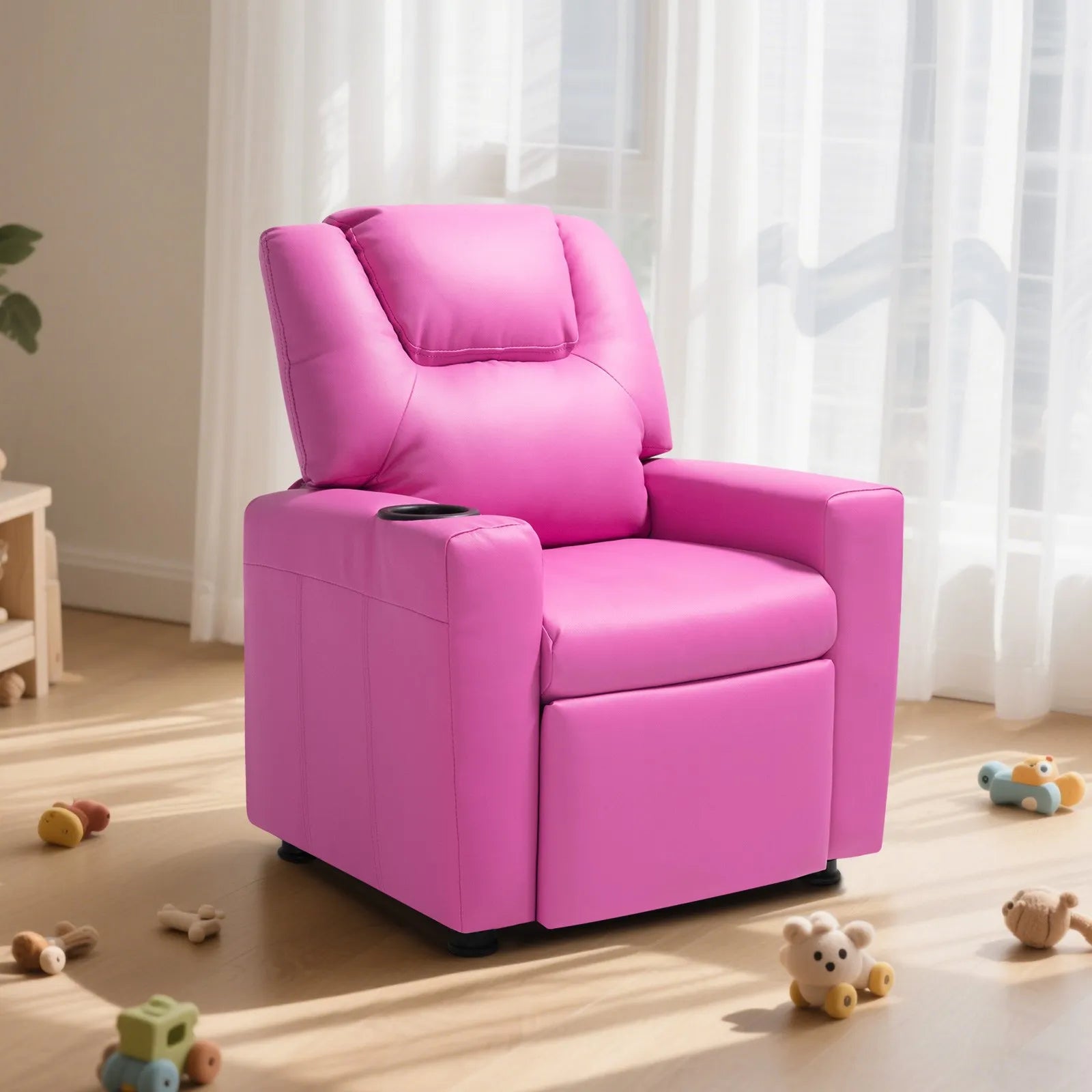 VEVOR Kids Reclining Chair PU Leather Toddler Recliner with Cup Holder (Pink)