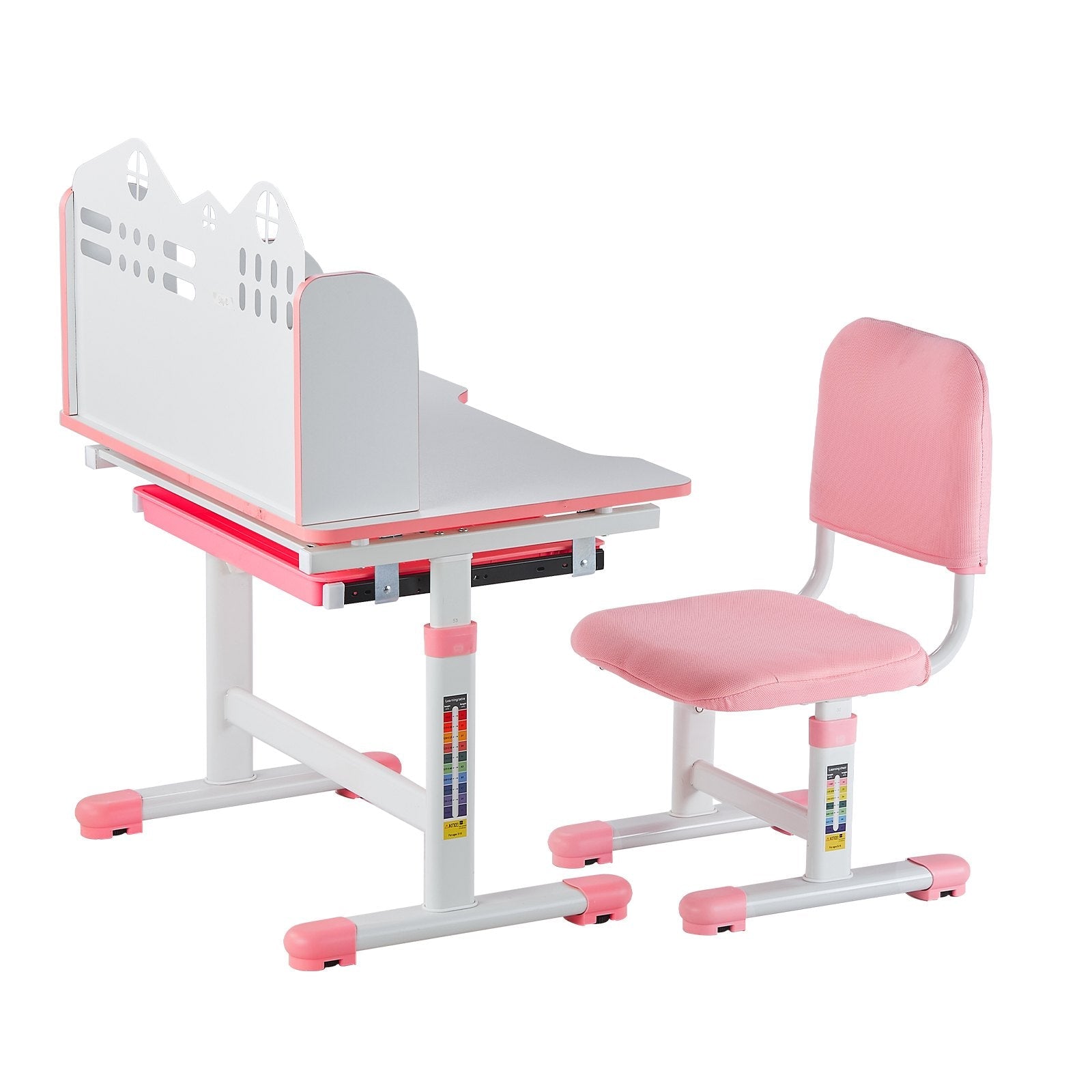 VEVOR Kids Study Chair and Desk with Bookshelf & Drawer Adjustable Height Pink