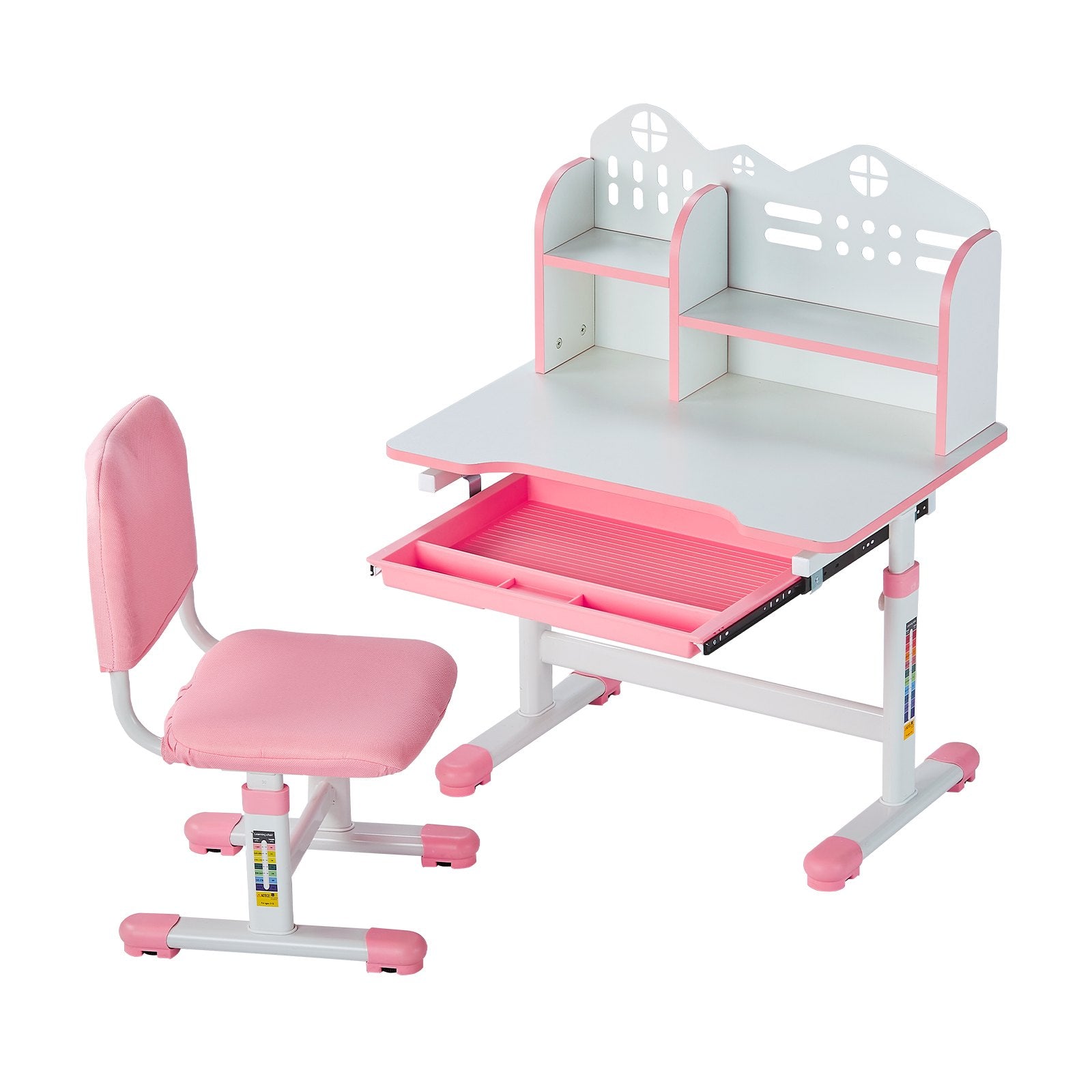 VEVOR Kids Study Chair and Desk with Bookshelf & Drawer Adjustable Height Pink