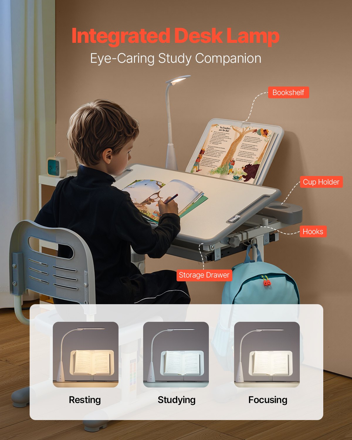 VEVOR Kids Chair and Desk Set Table Lamp Adjustable Height & Tilted Desktop Grey