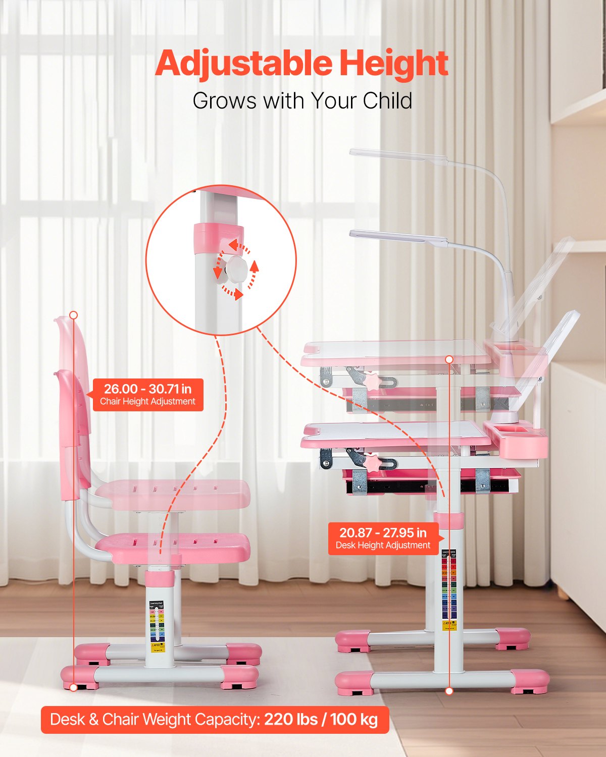VEVOR Kids Chair and Desk Set Table Lamp Adjustable Height & Tilted Desktop Pink