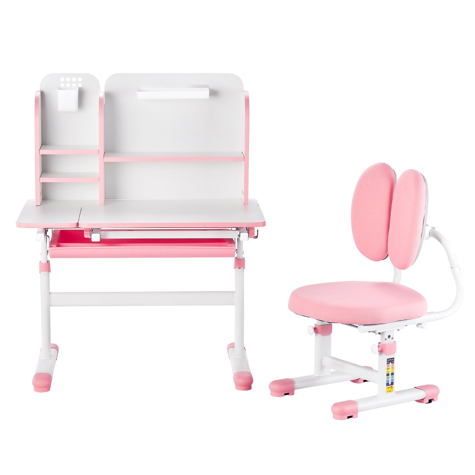 VEVOR Kids Study Chair and Desk with Bookshelf & Drawer Height Adjustable Pink