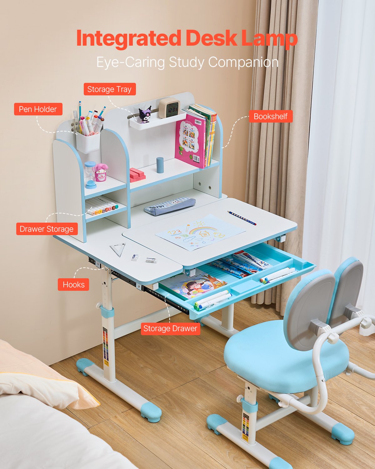 VEVOR Kids Study Chair and Desk with Bookshelf & Drawer Height Adjustable Blue