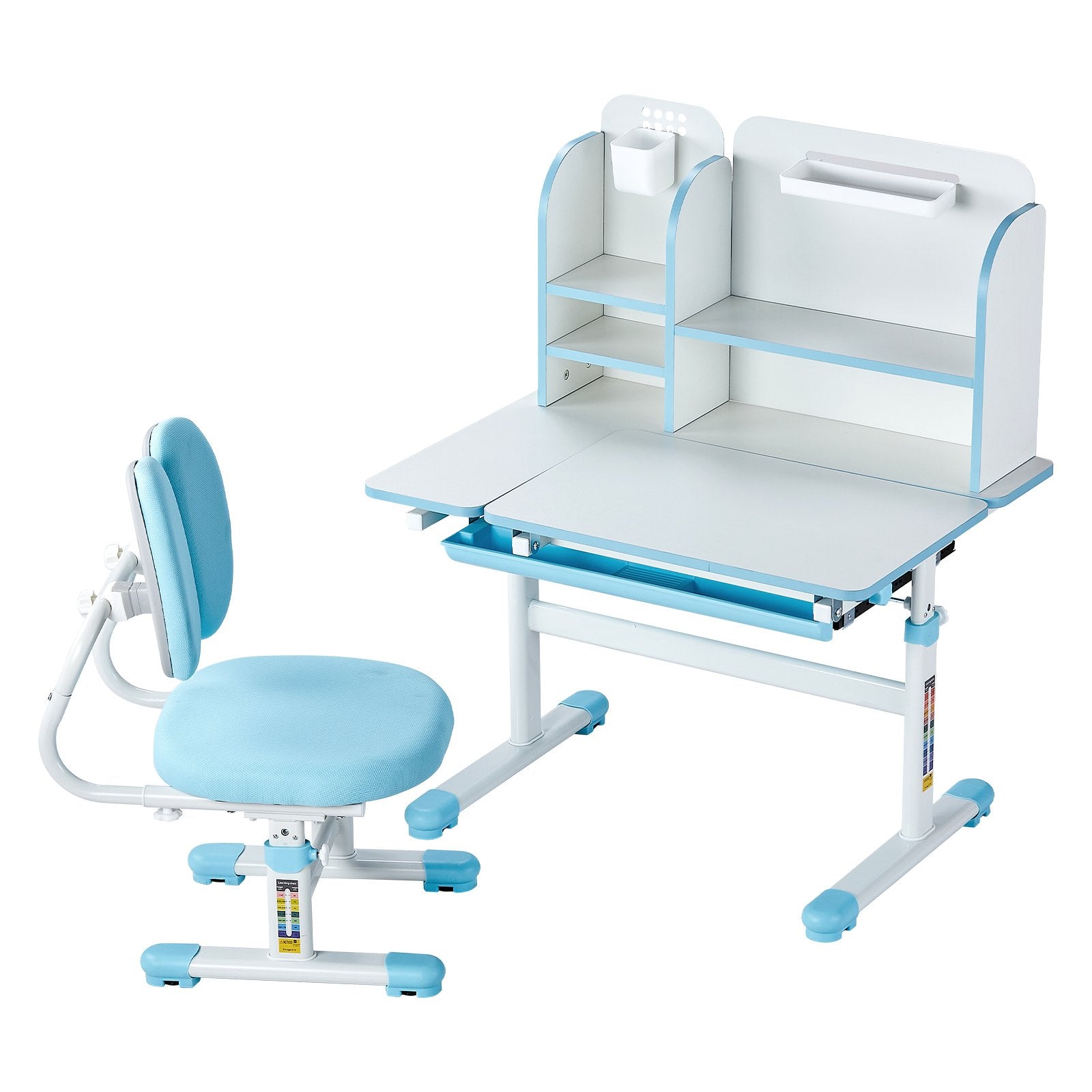 VEVOR Kids Study Chair and Desk with Bookshelf & Drawer Height Adjustable Blue