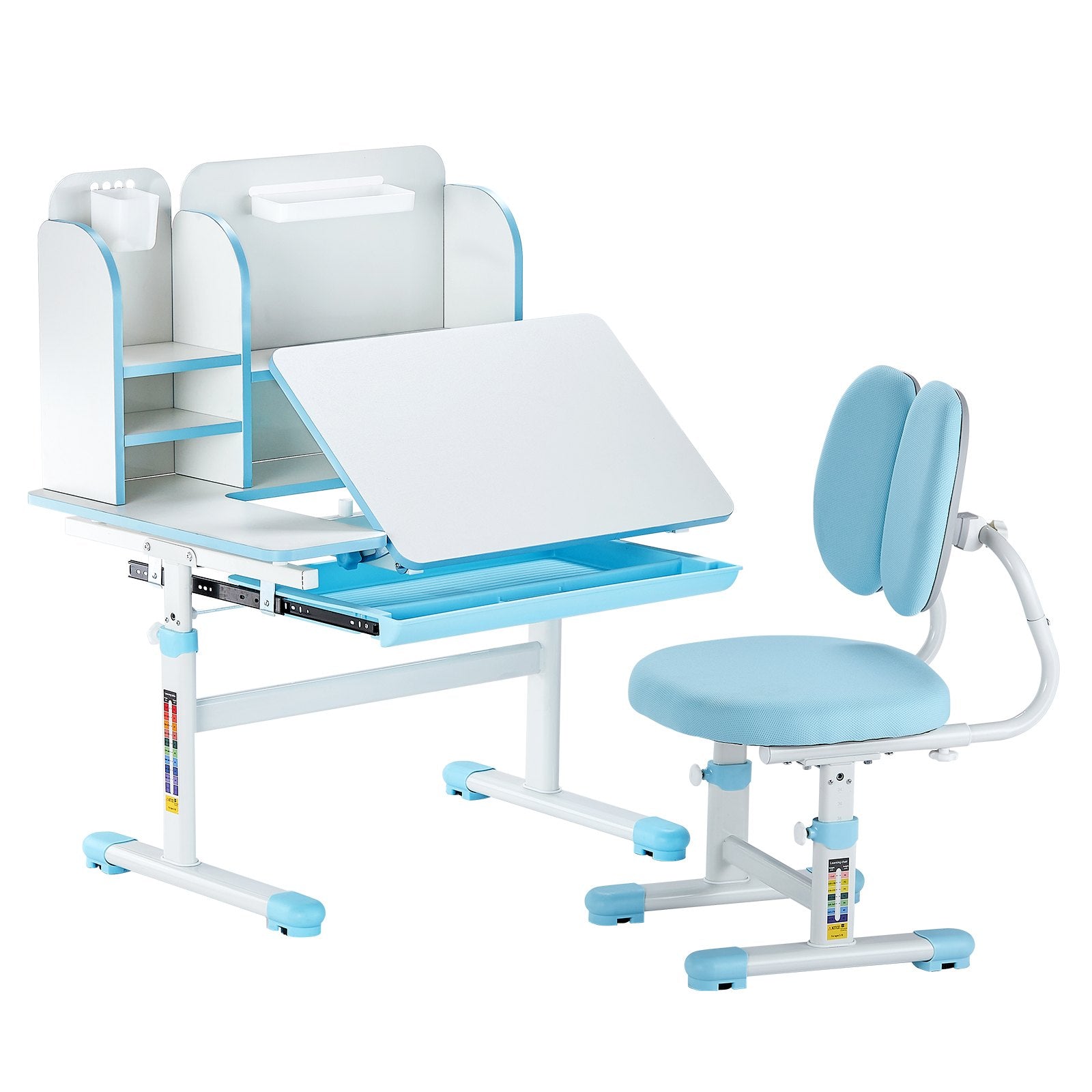 VEVOR Kids Study Chair and Desk with Bookshelf & Drawer Height Adjustable Blue