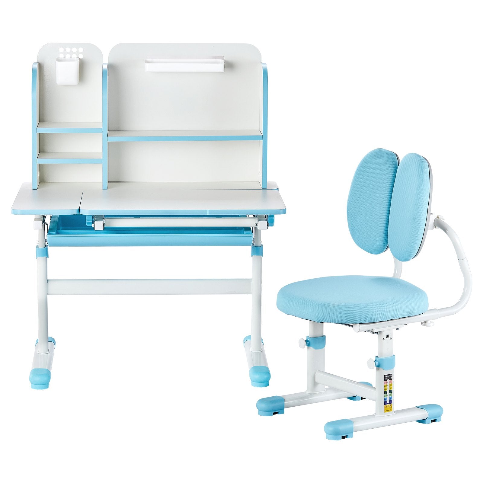 VEVOR Kids Study Chair and Desk with Bookshelf & Drawer Height Adjustable Blue