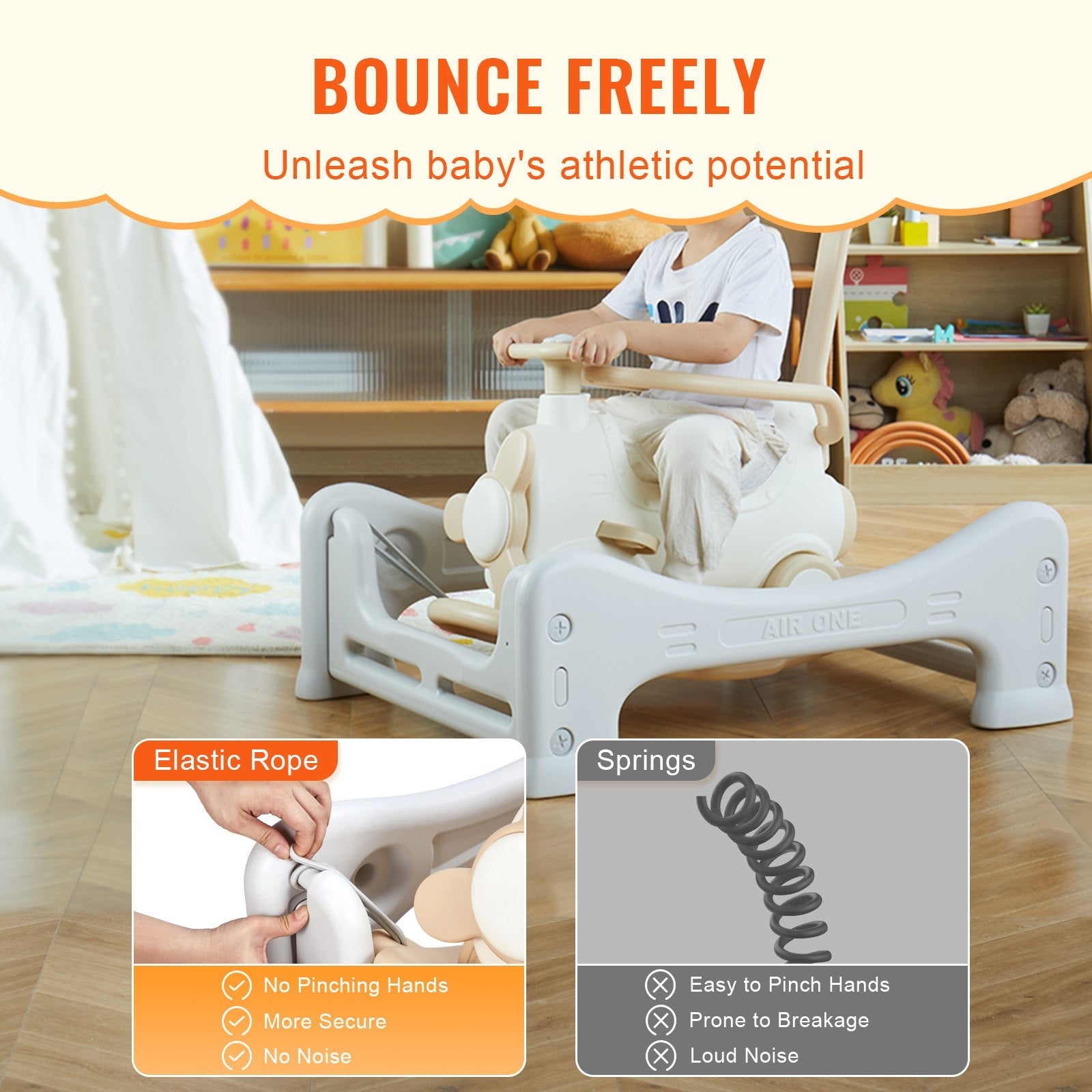 VEVOR 5 in 1 Rocking Horse for Toddlers 1-3 Years, Baby Rocking Horse with Trampoline, Detachable Balance Board, Push Handle and 4 Smooth Wheels, Support to 80lbs Kids Ride on Toy, White