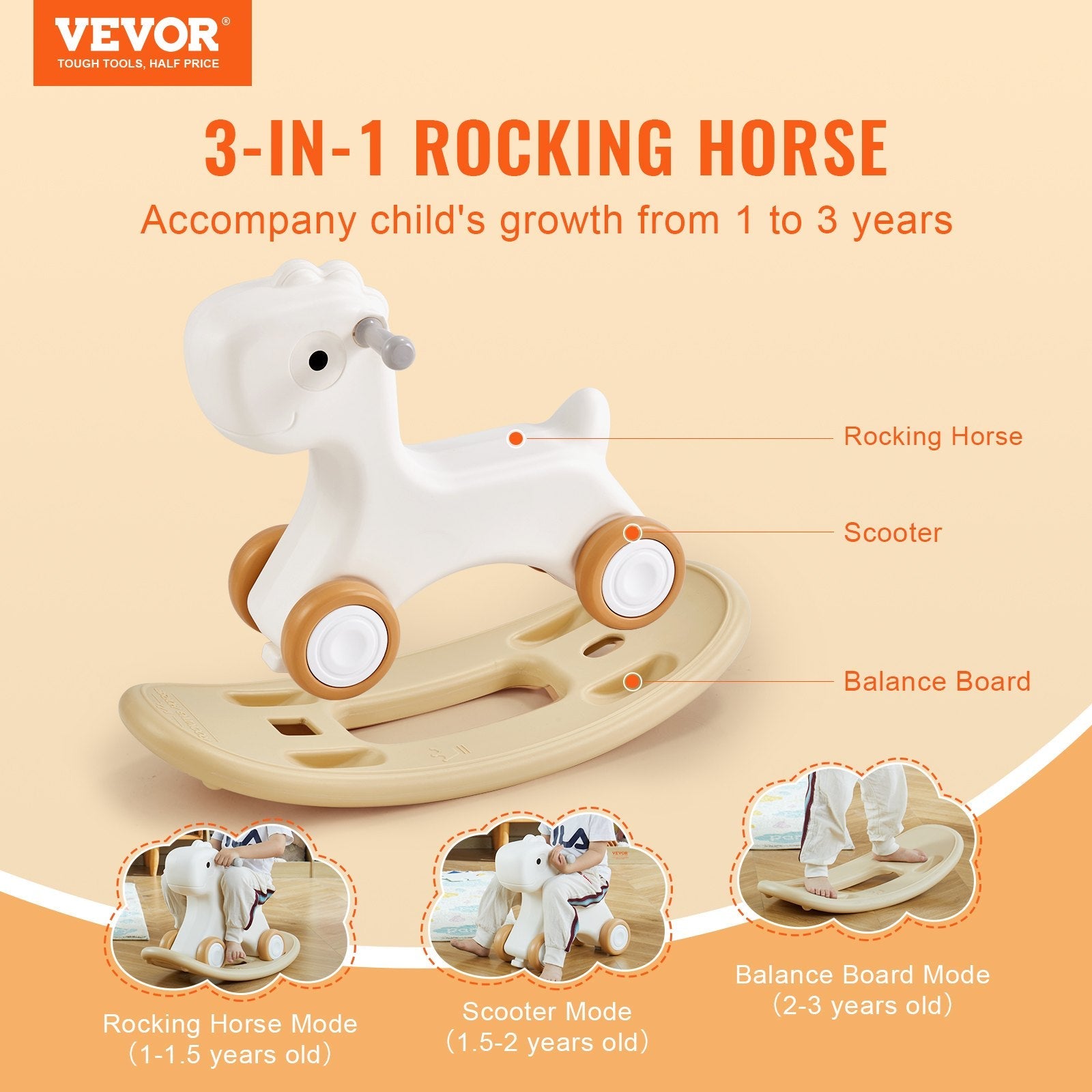 VEVOR 3 in 1 Rocking Horse for Toddlers 1-3 Years, Baby Rocking Horse with Detachable Balance Board and 4 Smooth Wheels, Support up to 80 lbs HDPE Material Kids Ride on Toy, 40° Swinging, White