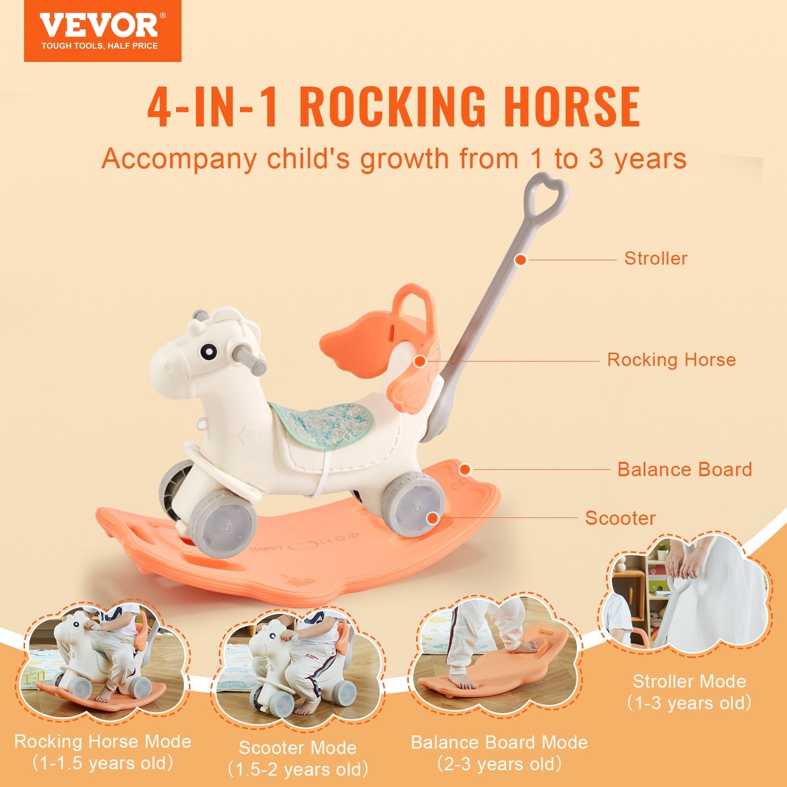 VEVOR 4 in 1 Rocking Horse for Toddlers 1-3 Years, Baby Rocking Horse with Detachable Balance Board, Push Handle and 4 Smooth Wheels, Support up to 80 lbs HDPE Kids Ride on Toy with Sound, Red