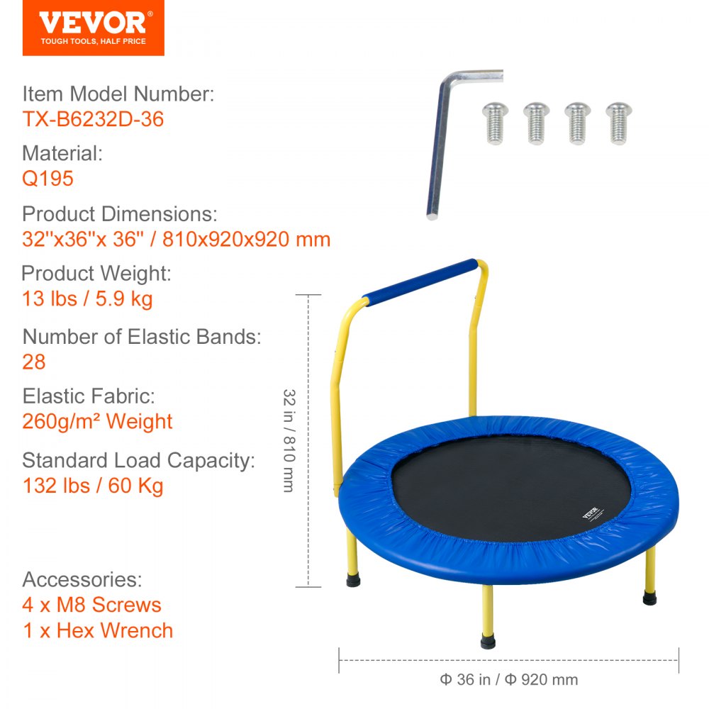 VEVOR 3FT Trampoline for Kids, 36" Trampolines Indoor/Outdoor Trampoline for Toddlers, Foldable Mini Baby Trampoline with Foam Handle, Recreational Trampoline Birthday Gift for 3+ Years Kids