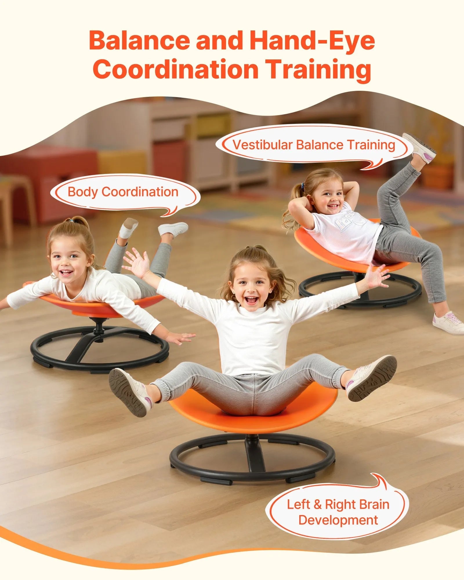 VEVOR Kids Swivel Chair, 220 lbs Capacity, Sensory Spinning Chair, Autistic Kids Sensory Toy Seat with Non-Slip Metal Base, Round Shape Toddler Sit & Spin Seat for Coordination Balance Focus, Orange