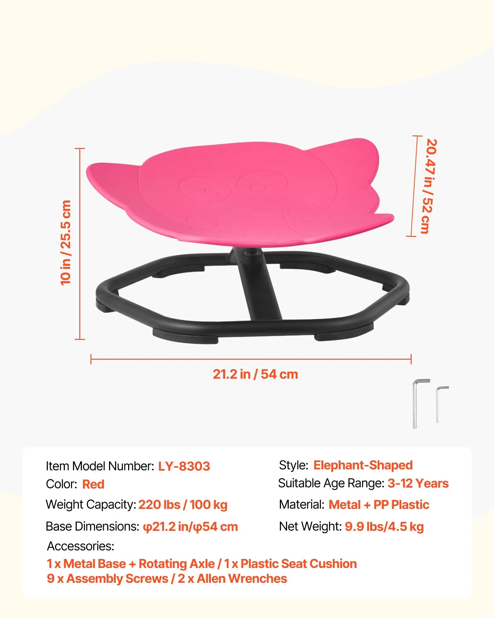 VEVOR Kids Swivel Chair, 220 lbs Capacity, Elephant Shape Sensory Spinning Chair, Autistic Kids Sensory Toy Seat with Non-Slip Metal Base, Toddler Sit & Spin Seat for Coordination Balance Focus, Red