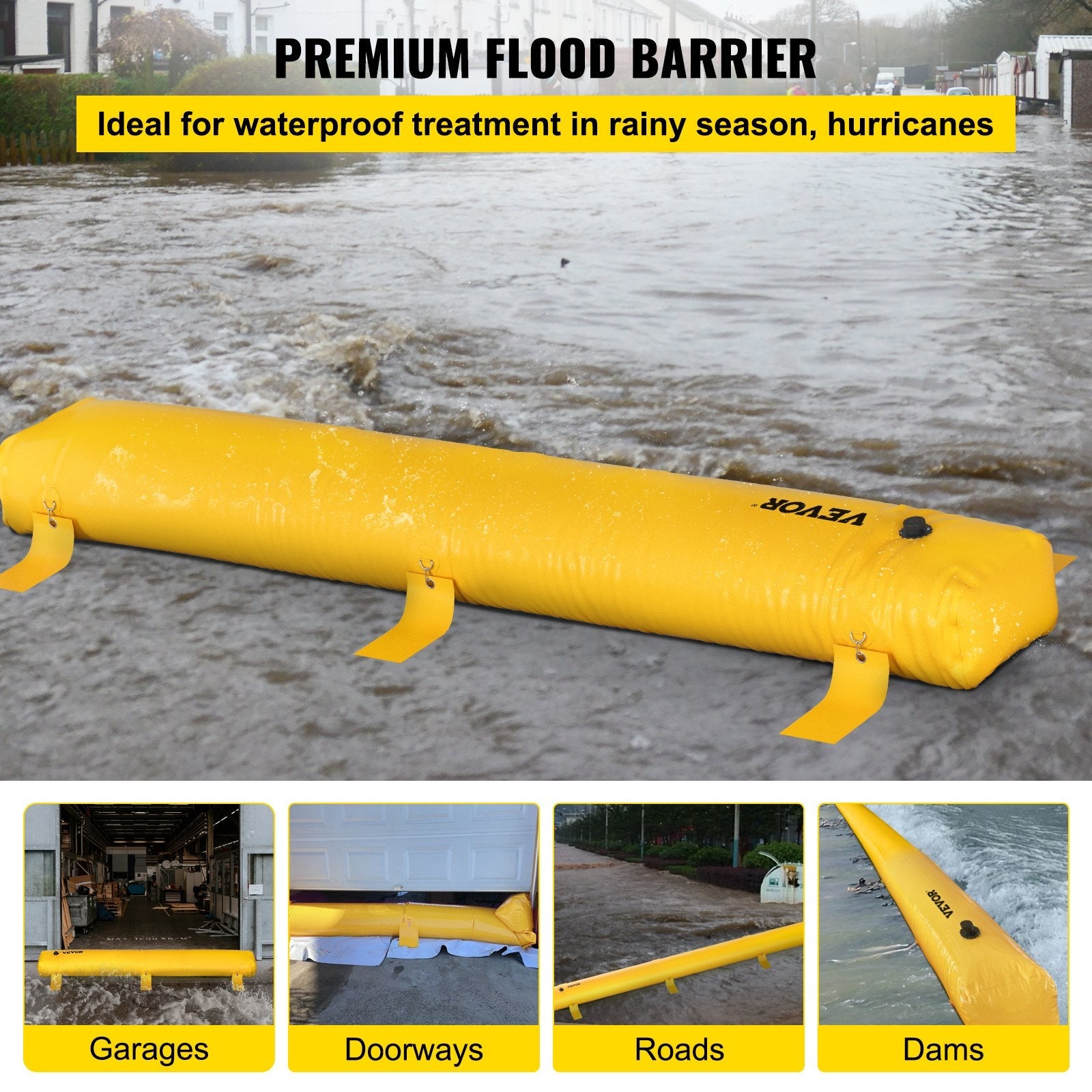 VEVOR Flood Barrier, 12 ft Length x 12 in Height Sandbag Alternative, Water Barrier for Flooding with Great Waterproof Effect, Reusable PVC Water Diversion Tubes, Flood Barriers for Home, Door, Garage