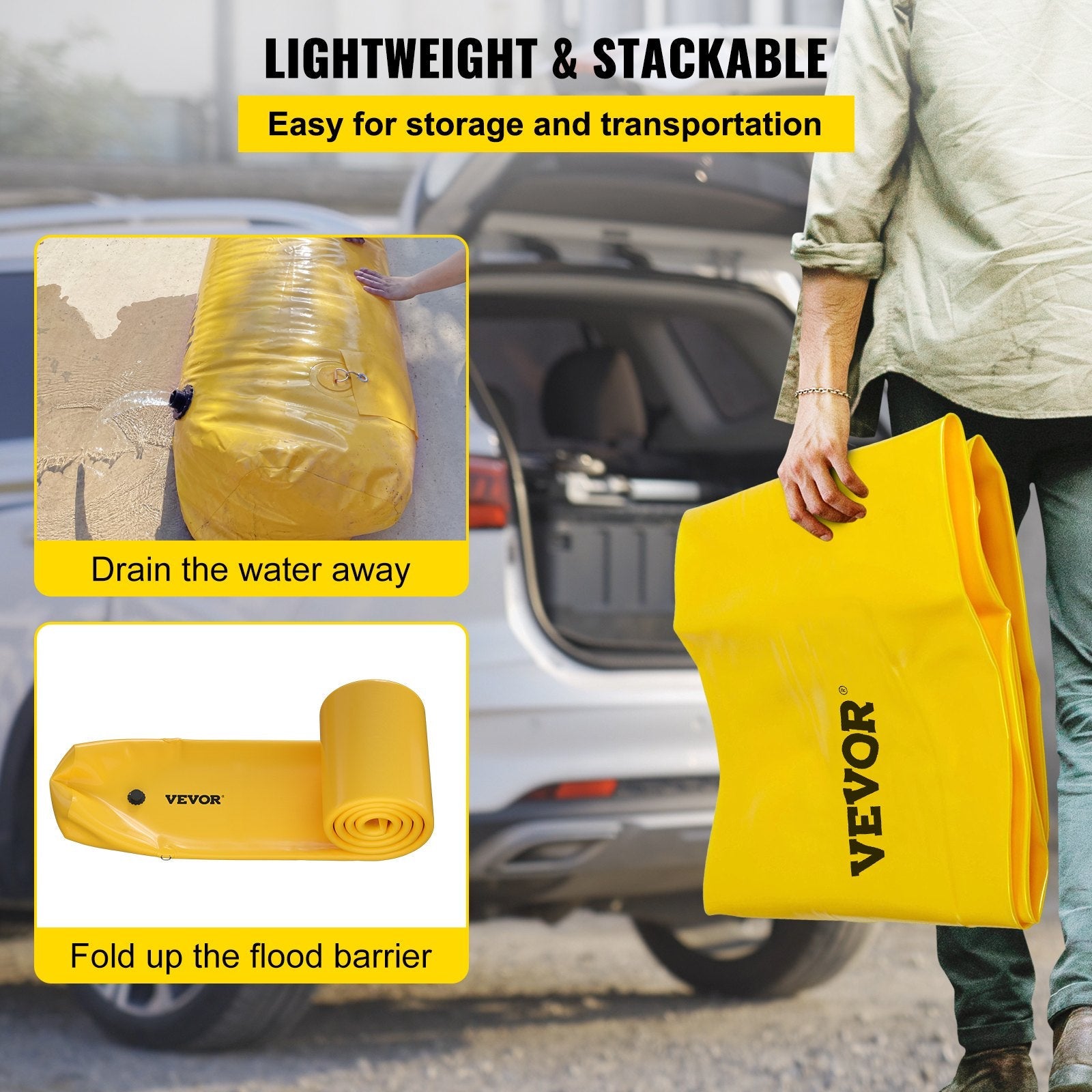 VEVOR Flood Barrier, 12 ft Length x 12 in Height Sandbag Alternative, Water Barrier for Flooding with Great Waterproof Effect, Reusable PVC Water Diversion Tubes, Flood Barriers for Home, Door, Garage