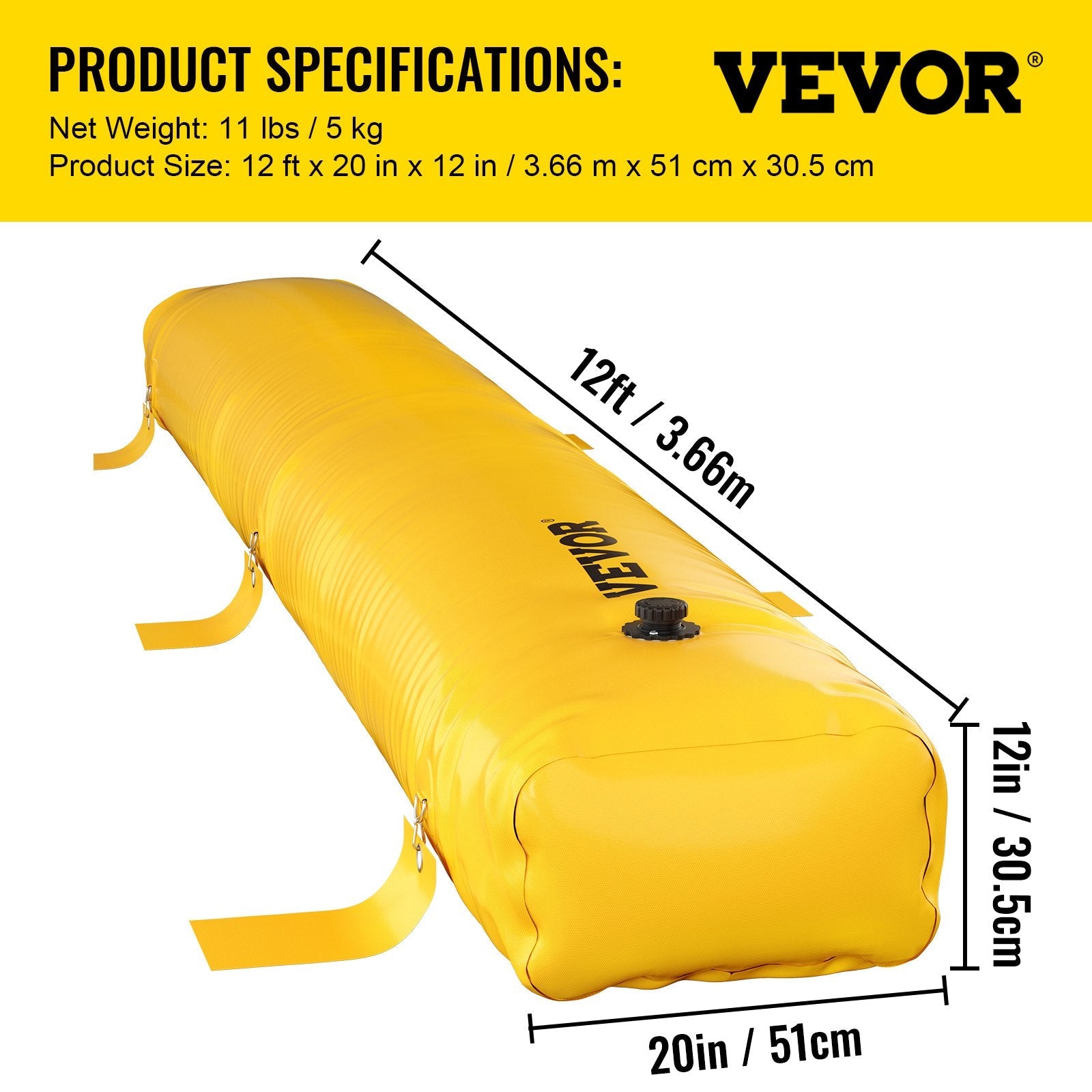 VEVOR Flood Barrier, 12 ft Length x 12 in Height Sandbag Alternative, Water Barrier for Flooding with Great Waterproof Effect, Reusable PVC Water Diversion Tubes, Flood Barriers for Home, Door, Garage