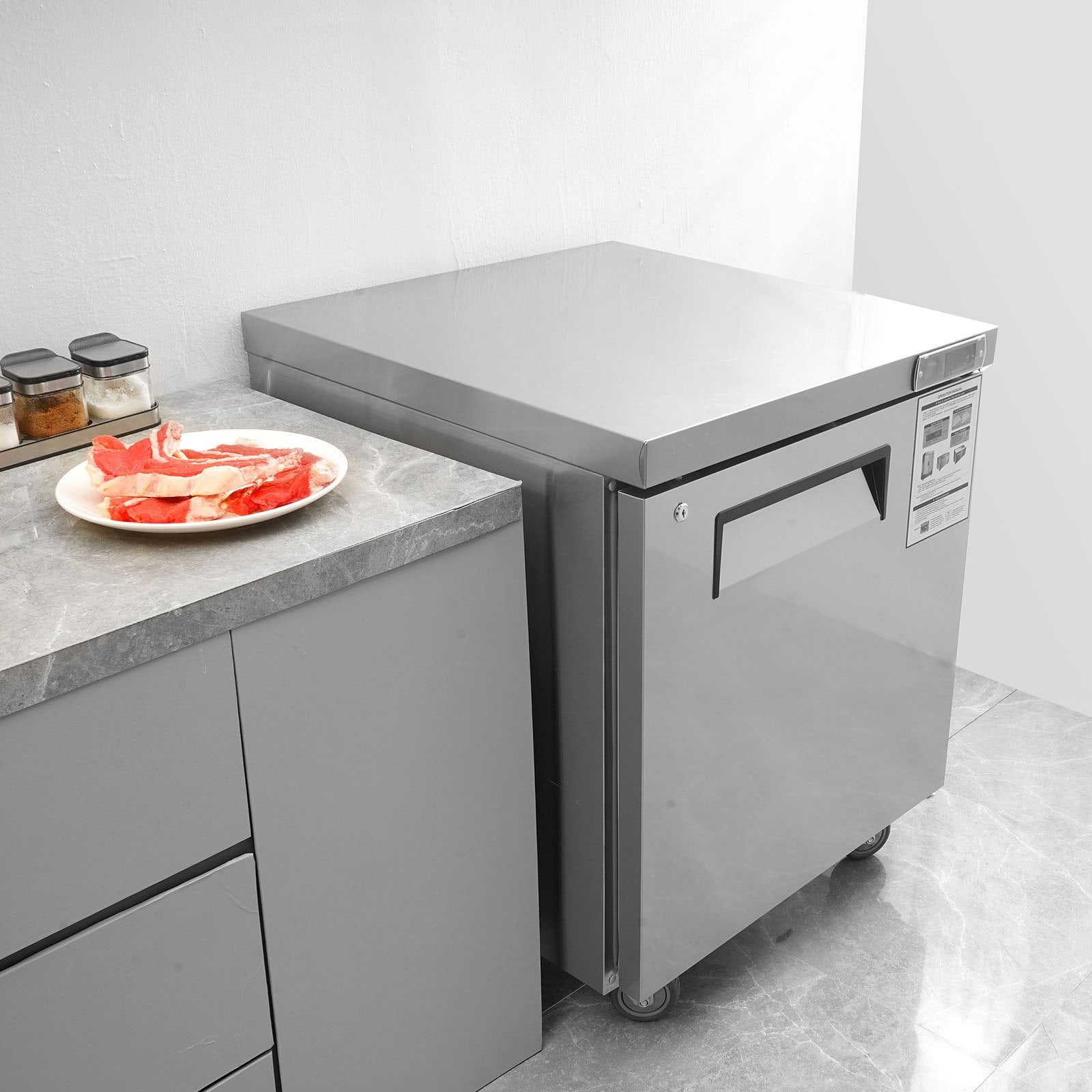 VEVOR Commercial Refrigerator, 28" Undercounter Worktop Refrigerator, 7.4 Cu. Ft Thick Stainless Steel Refrigerated Food Prep Station Fan Cooling Single Door Worktop Fridge with Lock for Bar