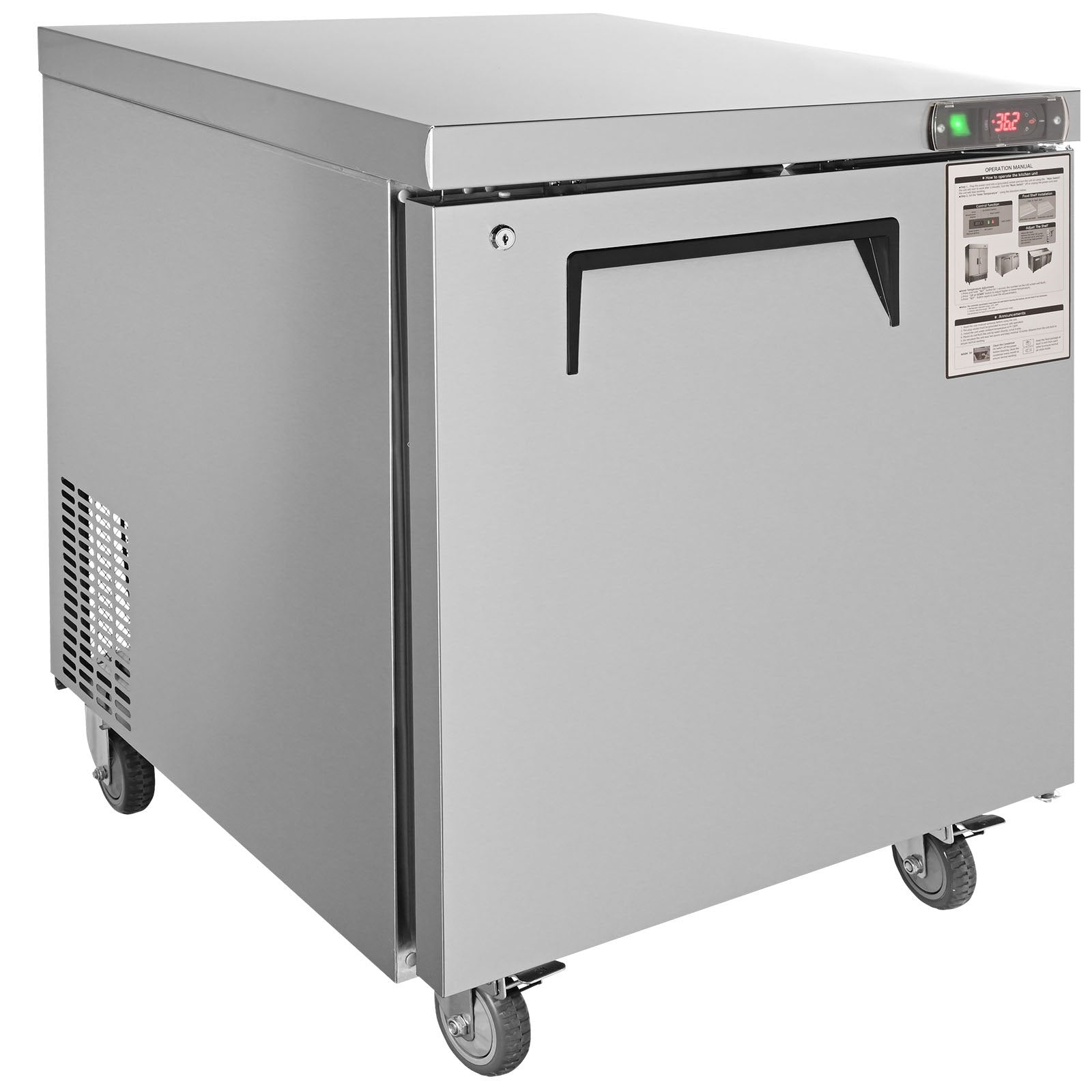 VEVOR Commercial Refrigerator, 28" Undercounter Worktop Refrigerator, 7.4 Cu. Ft Thick Stainless Steel Refrigerated Food Prep Station Fan Cooling Single Door Worktop Fridge with Lock for Bar