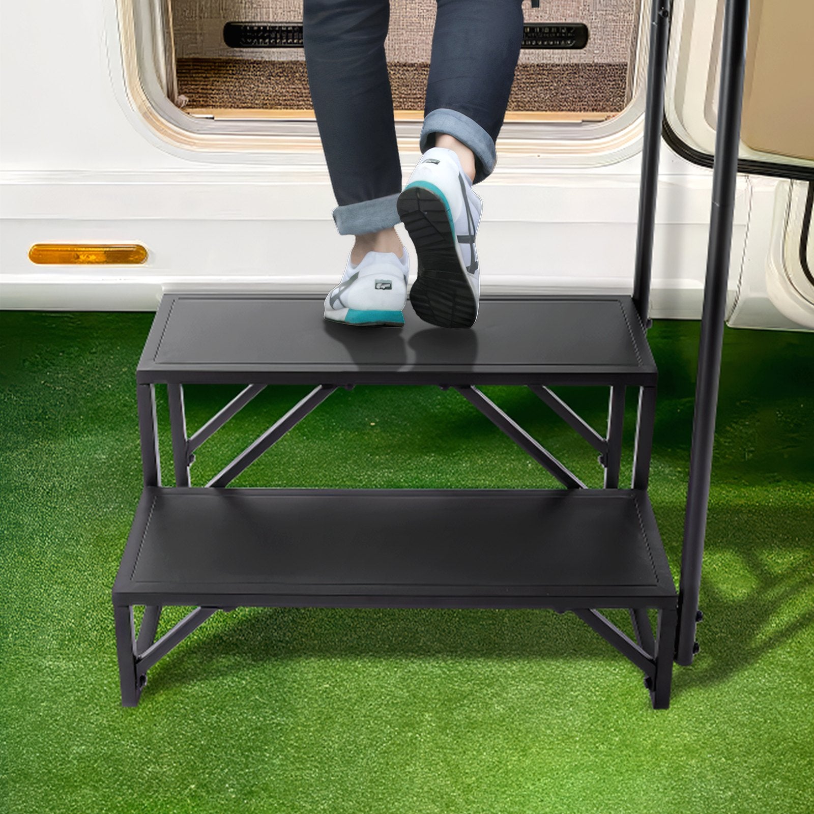 VEVOR RV Steps, 2-Step RV Stairs, 440 LBS Load Capacity, Thickened Carbon Steel, With Handrail, Non-Slip Steps for Safe Entry and Exit, Suit for RV, Trailer, Camper Steps