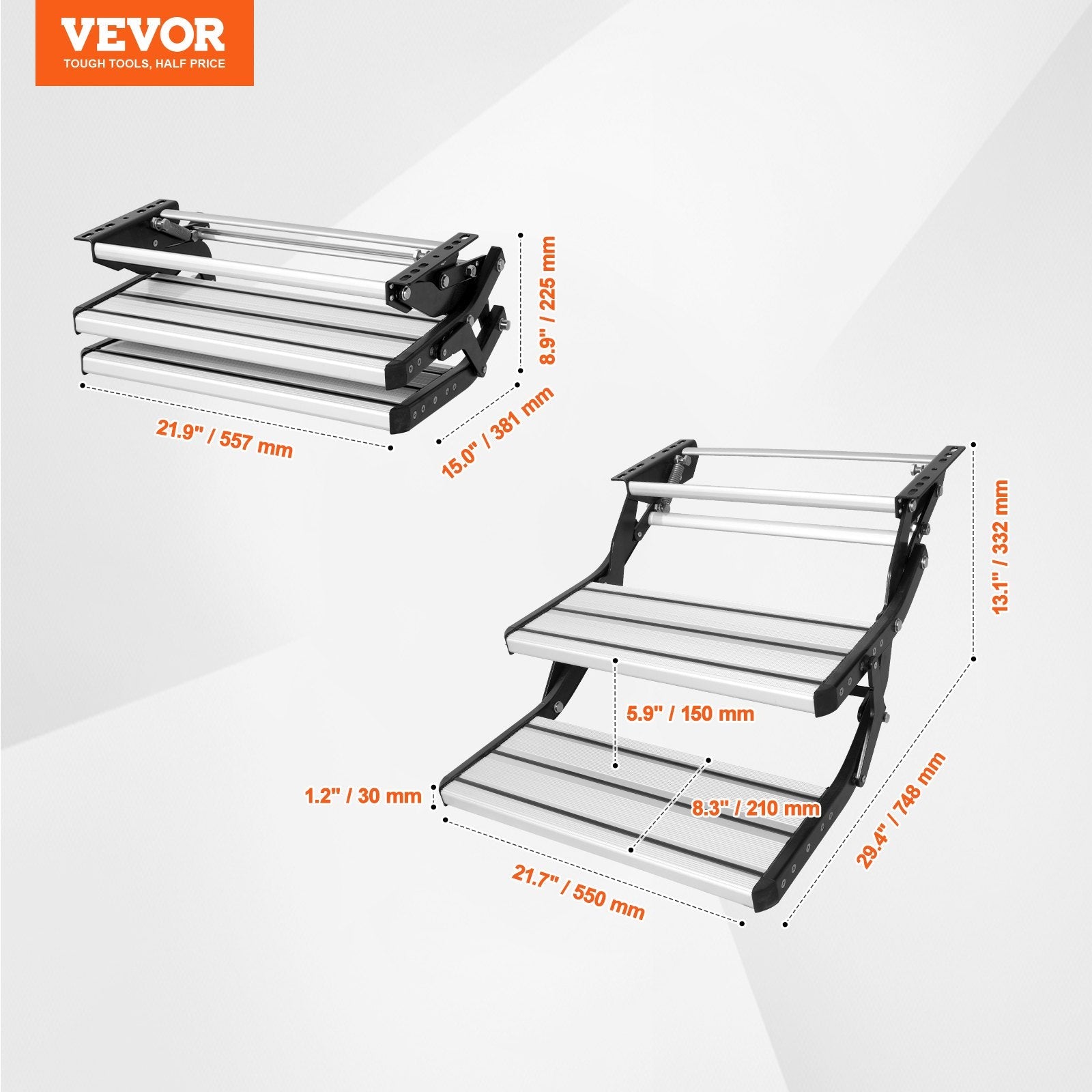VEVOR RV Steps, 2-Step, Manual Retractable RV Stairs, Foldable, 440 LBS Load Capacity, Aluminum Alloy Steps, Thickened Steel Plate, Non-Slip Steps for Safe Entry and Exit, RV, Trailer, Camper Steps