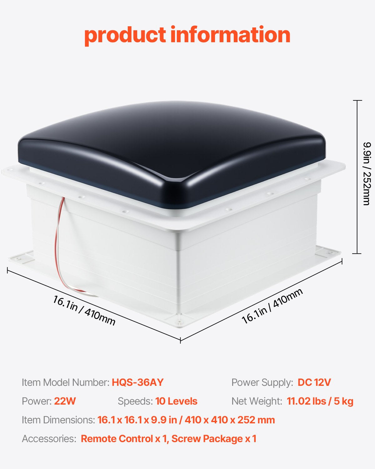 VEVOR RV Vent Roof Fan 14 inch 10-Speed Reversible with Remote Control