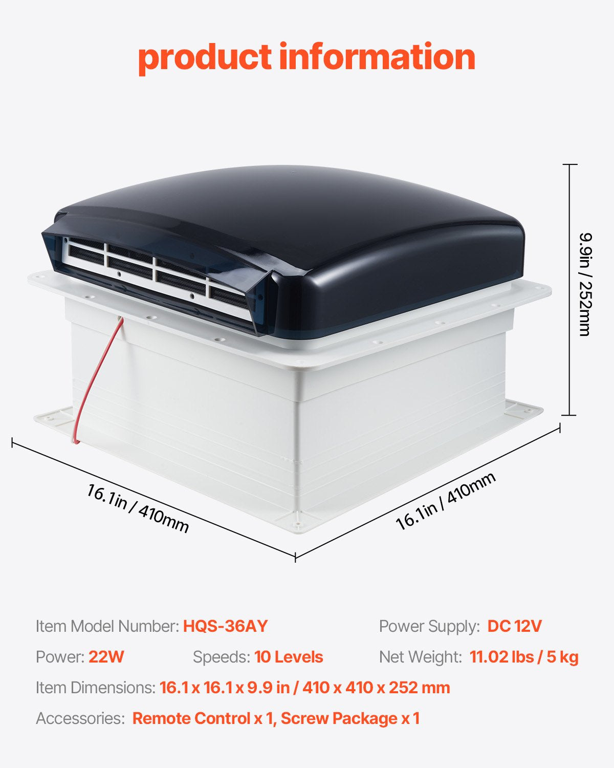 VEVOR RV Vent Roof Fan 14 inch Reversible with Rain Cover Power Top Lid