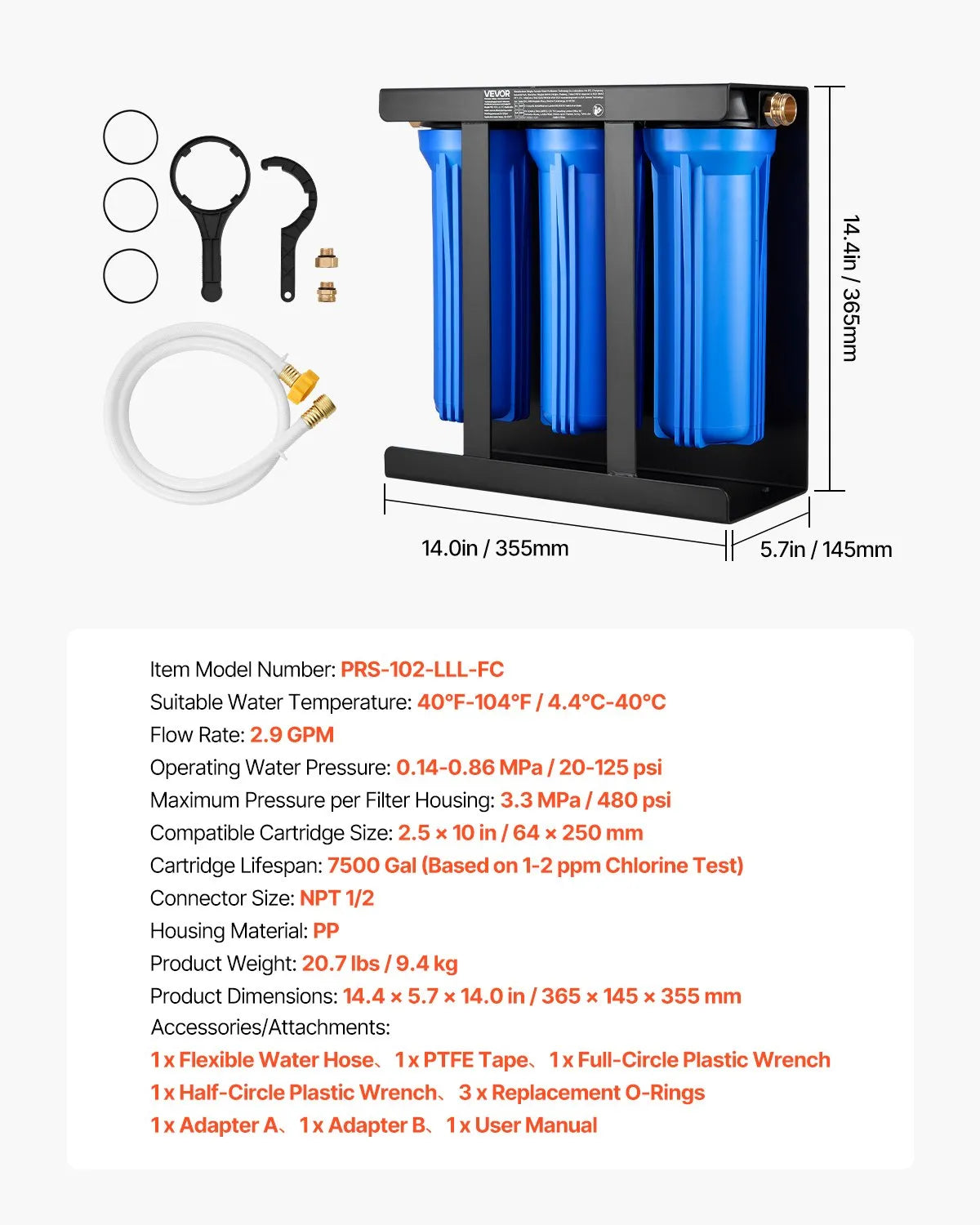 VEVOR RV Water Filter System 3-Cartridge with Basket for Campers Boats RVs Vans