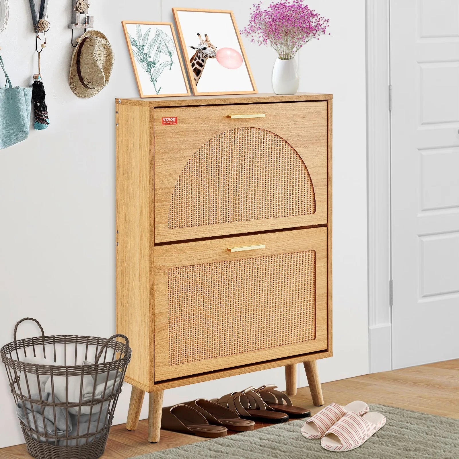 VEVOR Shoe Cabinet with 2 Flip Drawers, Shoe Storage Cabinet for Entryway, Free Standing Shoe Storage Organizer with Rattan Doors for Heels, Boots, Slippers in Hallway, Living Room