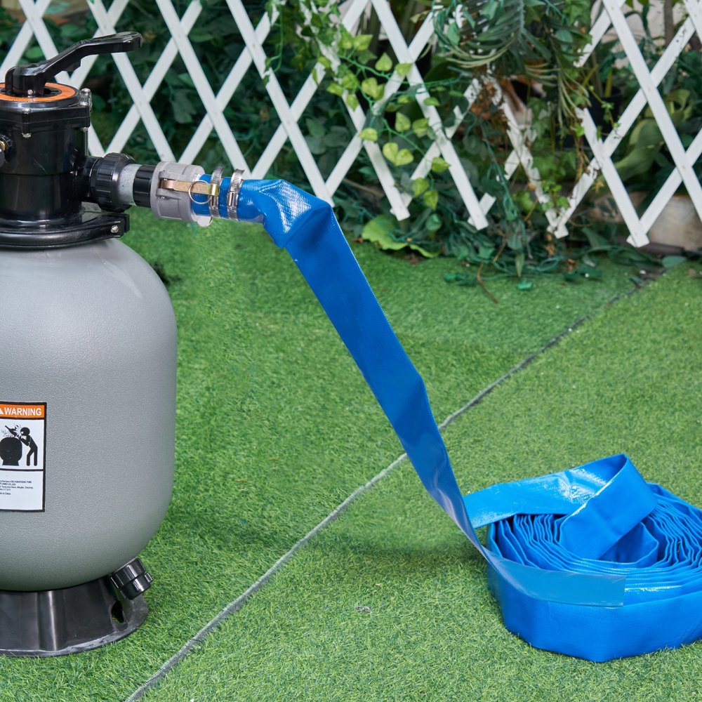 VEVOR Backwash Hose, 2 in x 50 ft, Heavy-Duty PVC Flat Pool Discharge Hose with Aluminum Camlock C & E Fittings, Clamps, Compatible with Pumps, Sand Filters, for Swimming Pools Waste Water Drain, Blue