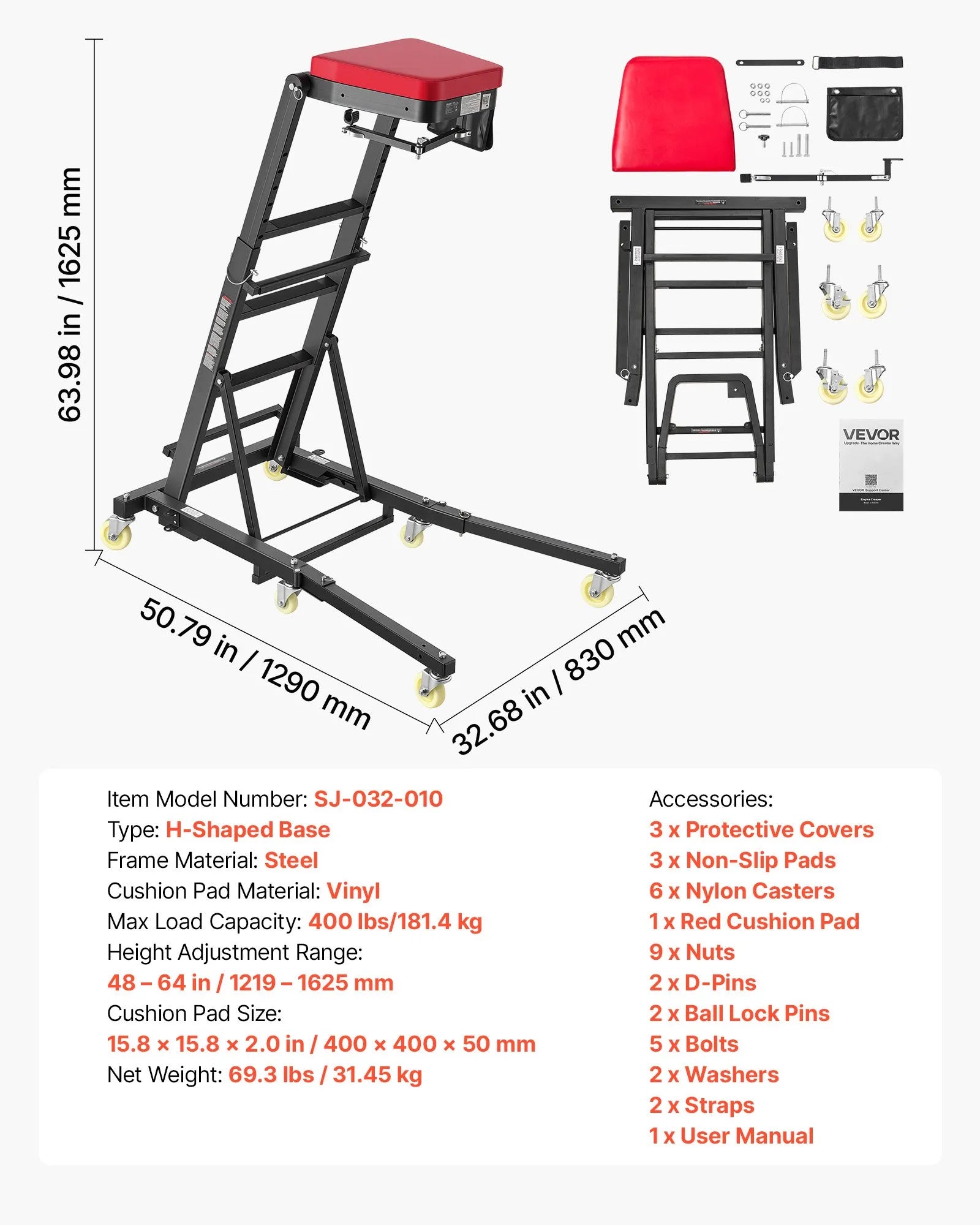 Adjustable Top Automotive Creeper, 48"–64" Folding High Top Engine Creeper with Mechanical Arm, 400 lb Capacity