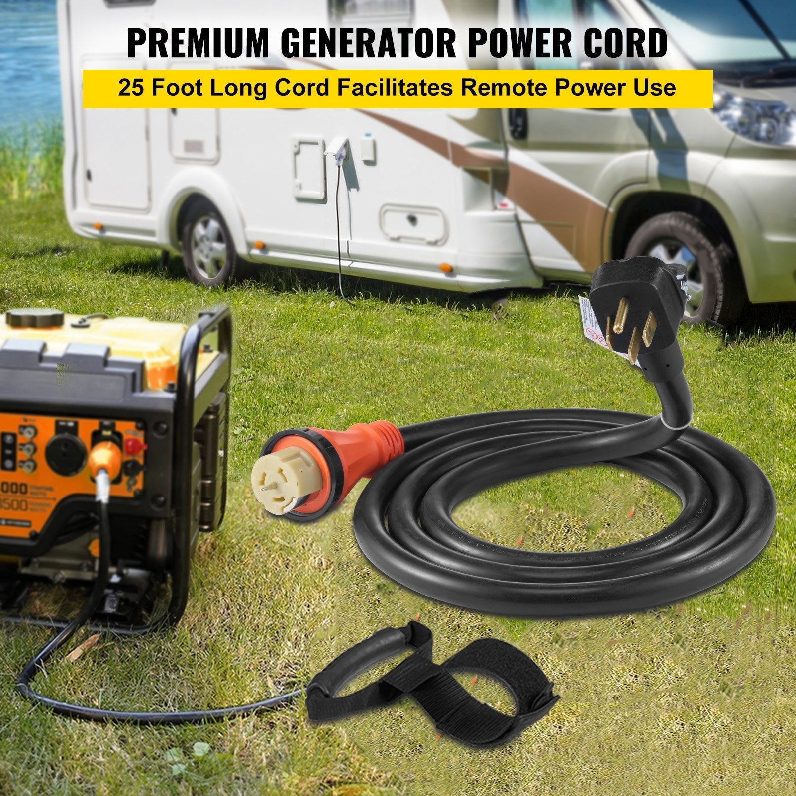 VEVOR Generator Cord, 25FT Generator Power Cord, 125/250V 50AMP Generator Cord, 12000W 50AMP Cord, SS2-50R 50AMP Cable, SS2-50P 50AMP Extension Cord, 50Amp Generator Power Cord with Portable Strap