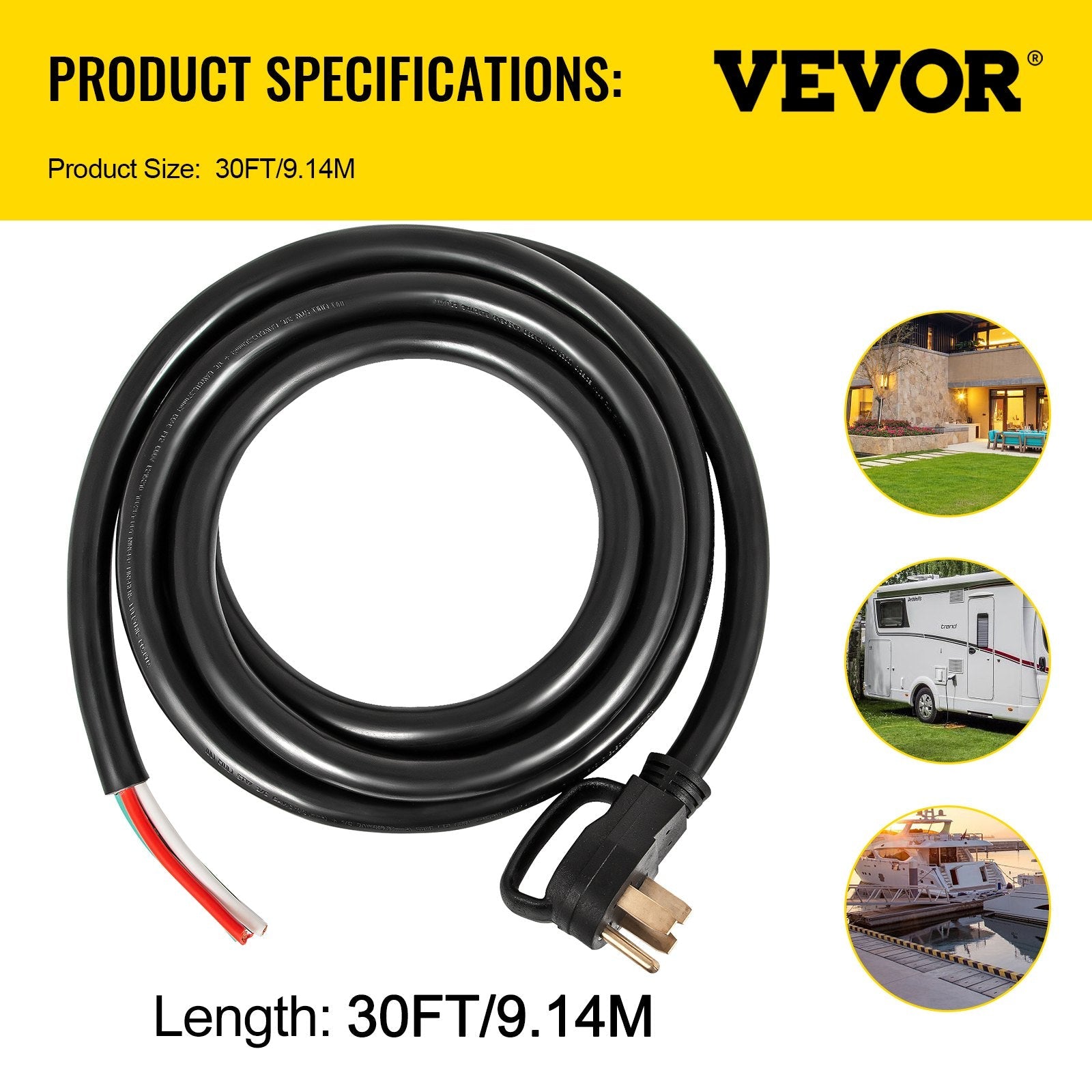VEVOR 30Ft 50Amp Generator Extension Cord 6 Gauge STW 6/3+8/1 Generator Cord Tested to UL Standards Generator Power Cord N14-50P to Bare Wire Cut Wire Cord Extension Power Cord RV Motor Home Generator Portable