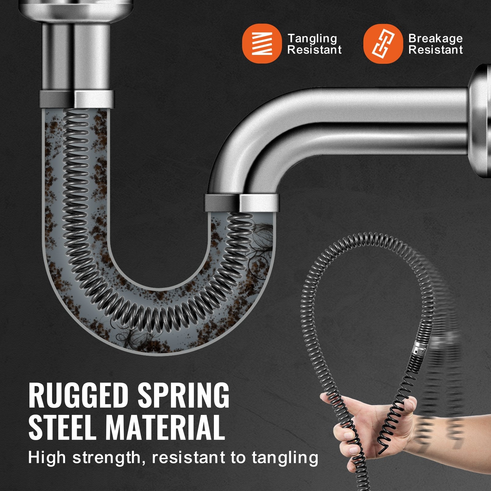 VEVOR Drain Cleaning Cable 66 FT x 5/8 Inch, Professional Sectional Drain Cleaner Cable with 7 Cutters for 0.8" to 3.9" Pipes, Hollow Core Sewer Drain Auger Cable for Sink, Floor Drain, Toilet