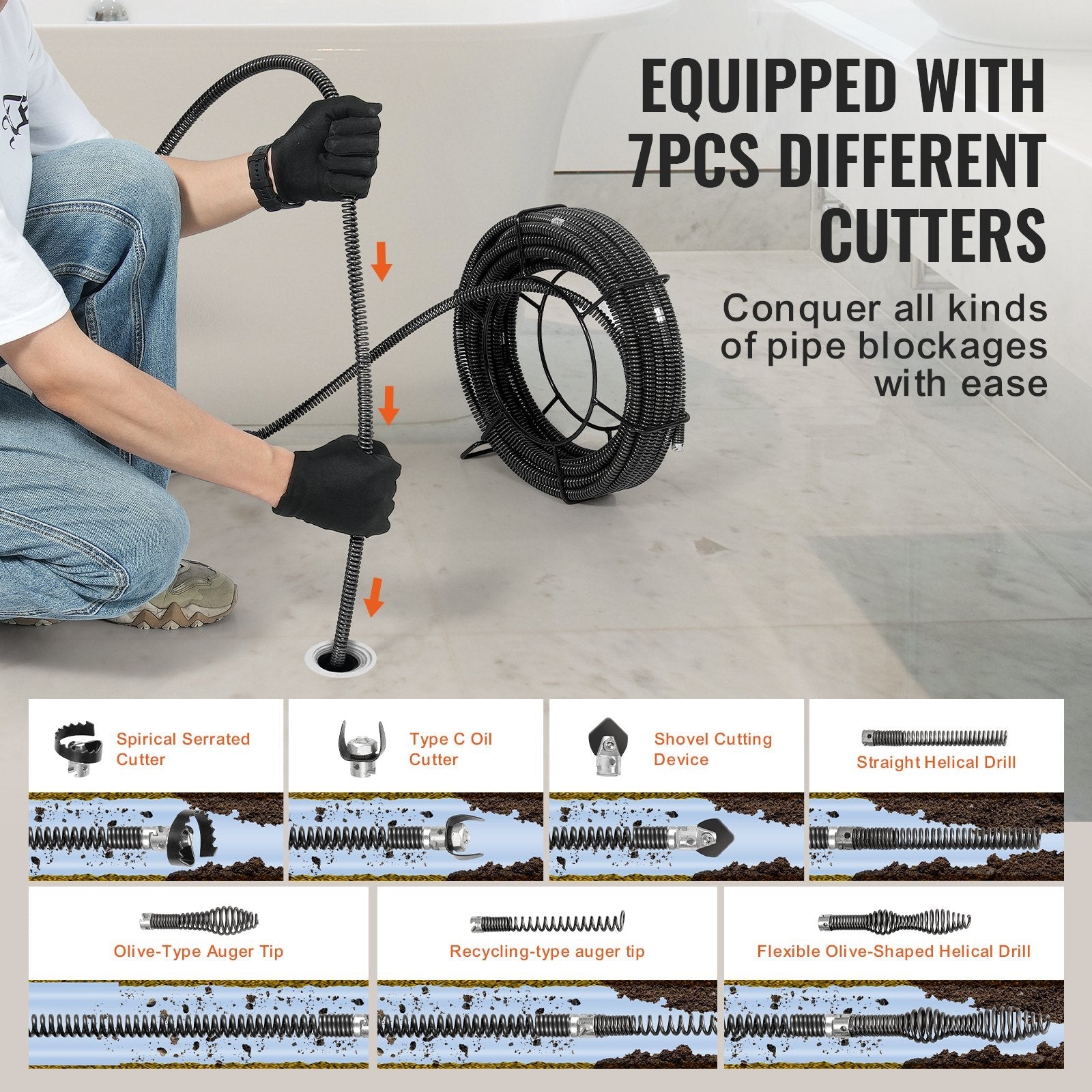 VEVOR Drain Cleaning Cable 66 FT x 5/8 Inch, Professional Sectional Drain Cleaner Cable with 7 Cutters for 0.8" to 3.9" Pipes, Hollow Core Sewer Drain Auger Cable for Sink, Floor Drain, Toilet