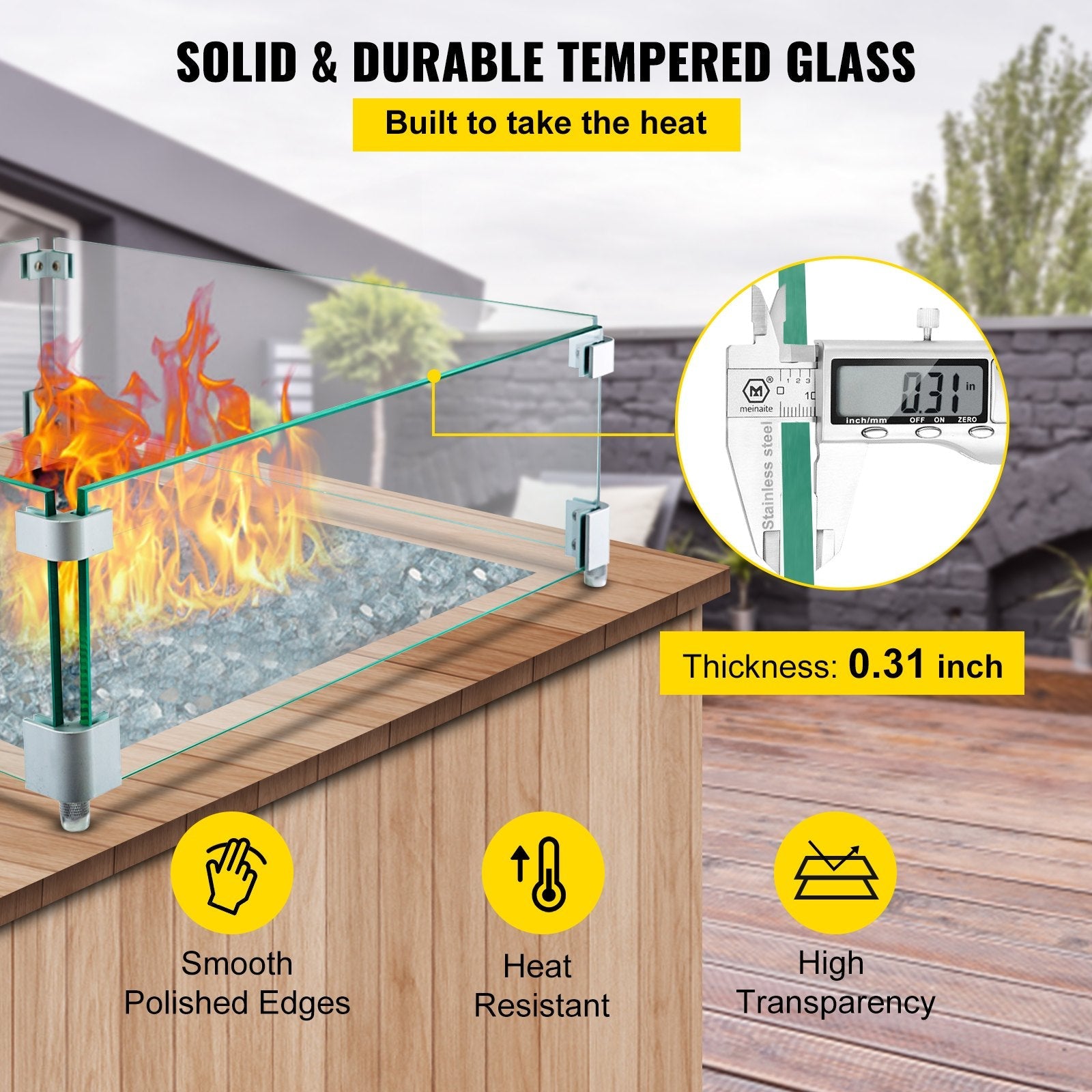 VEVOR Fire Pit Wind Guard 21 x 21 x 6 Inch Glass Flame Guard, Rectangle 5/16 Inch Thickness Glass Wind Guard Fence with Non-Slip Feet Clear Tempered Glass, for Propane, Gas, Fire Pits Pan/Table