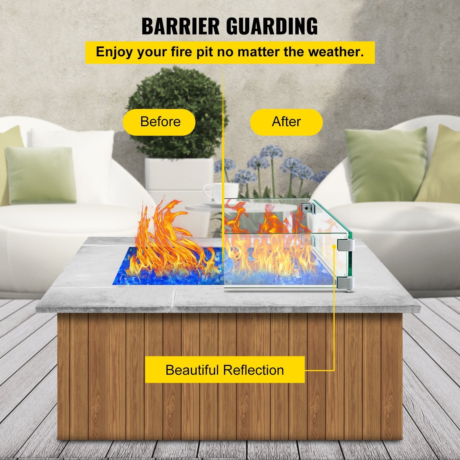 VEVOR Fire Pit Wind Guard 21 x 21 x 6 Inch Glass Flame Guard, Rectangle 5/16 Inch Thickness Glass Wind Guard Fence with Non-Slip Feet Clear Tempered Glass, for Propane, Gas, Fire Pits Pan/Table