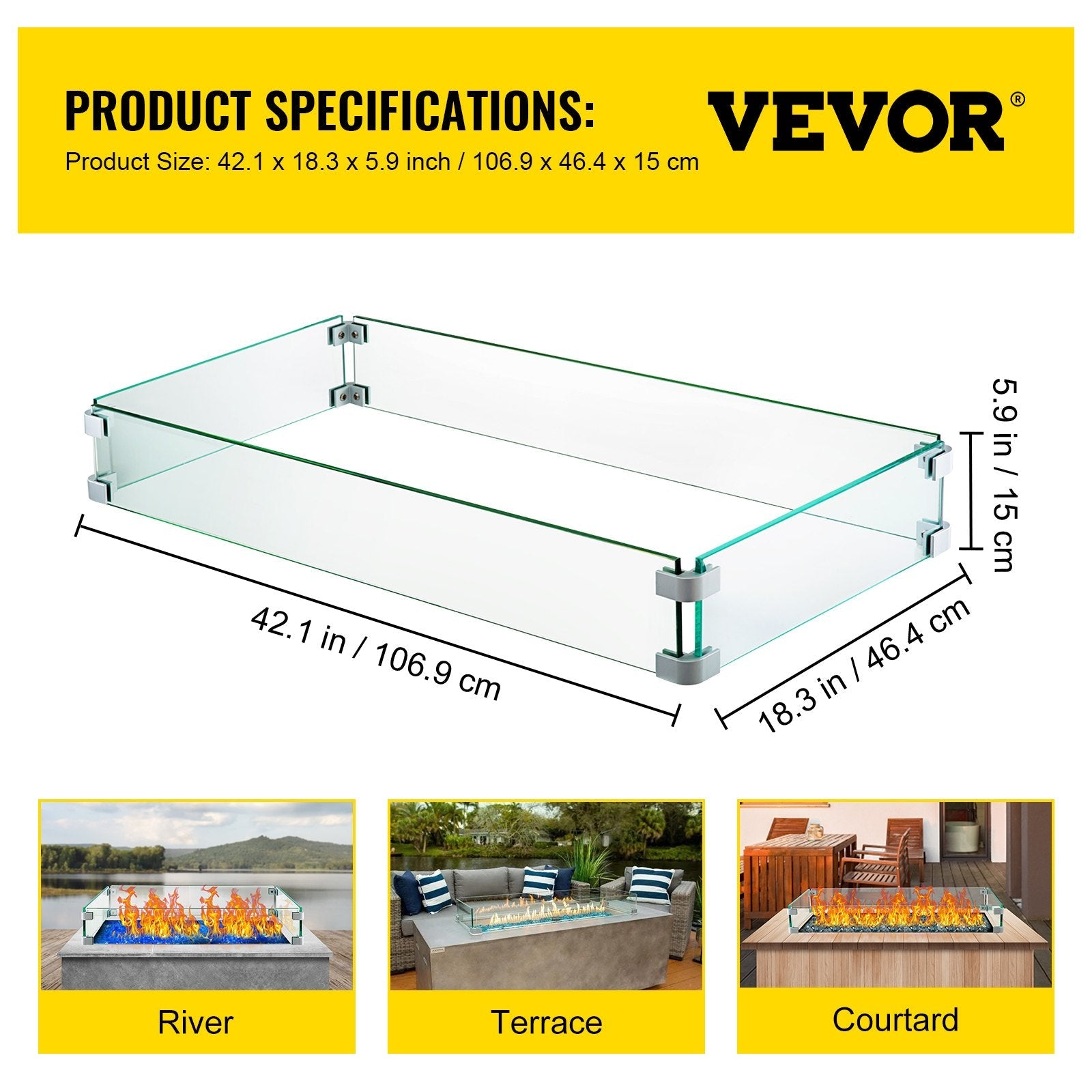 Fire Table Tempered Glass Wind Guard Fence 41.8" x 18" x 6"