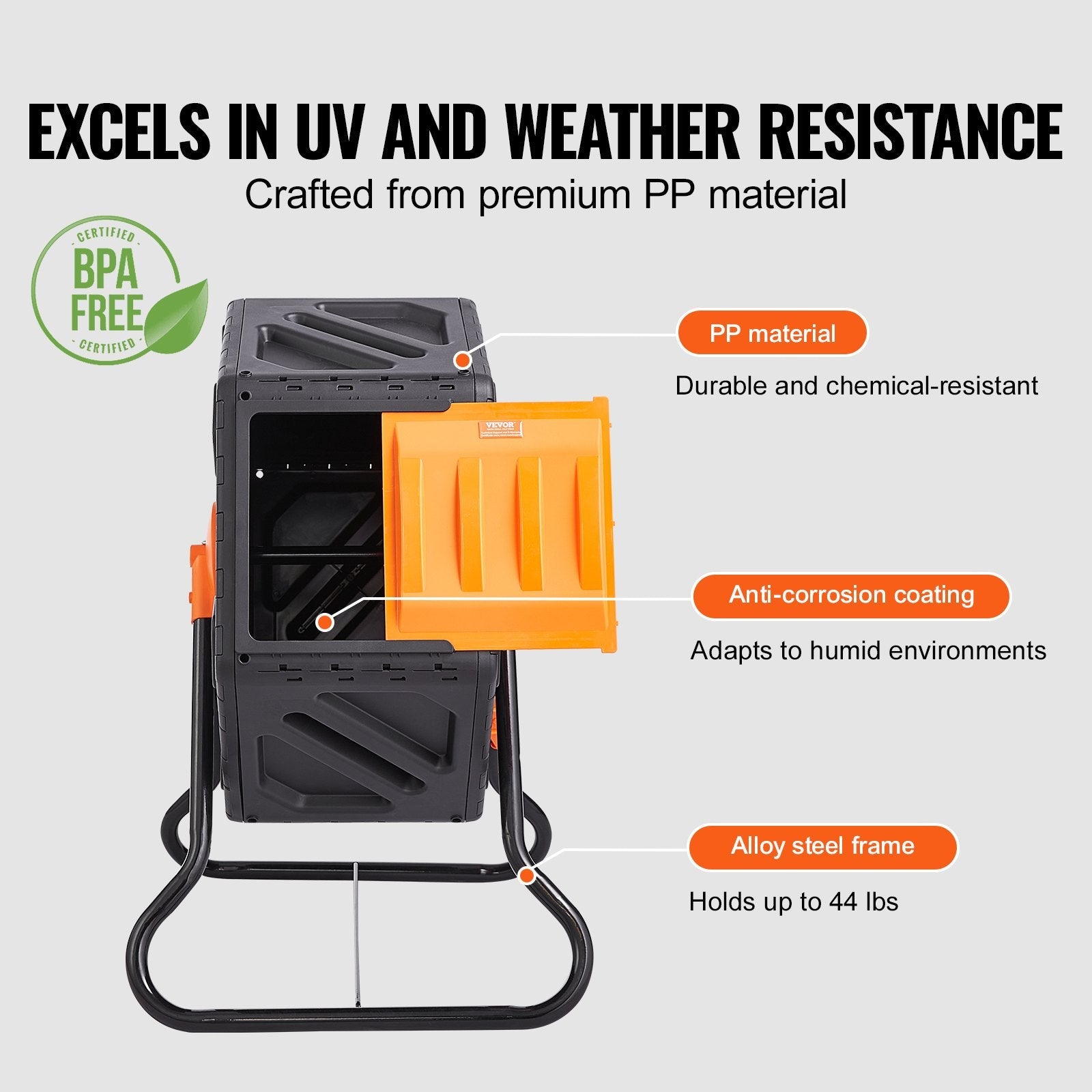 VEVOR Compost Bin, 18.5-Gal Small Composting Tumbler, Compact Single Rotating Chamber with Sliding Door and Steel Frame, BPA Free Composter Bin Tumbler for Garden, Kitchen, Yard, Outdoor